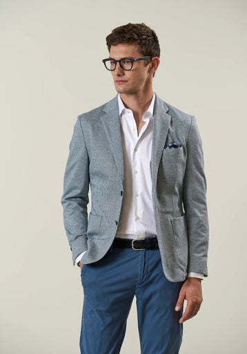Light blue jersey cotton linen houndstooth custom fit jacket