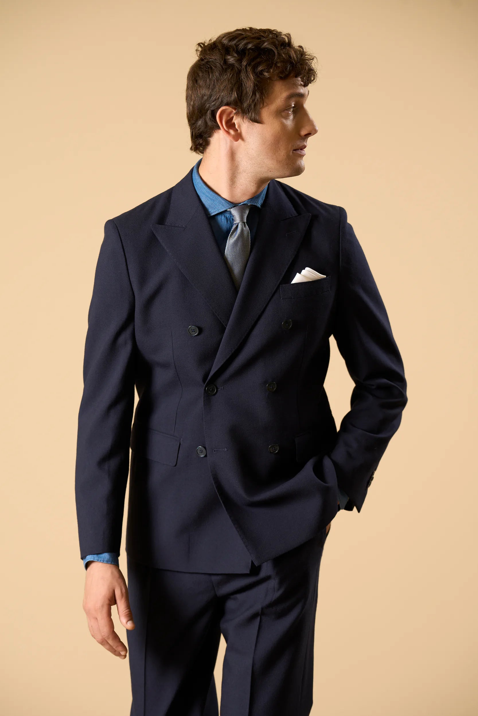 Giacca blu doppiopetto lana vergine merinos custom fit Angelico 1