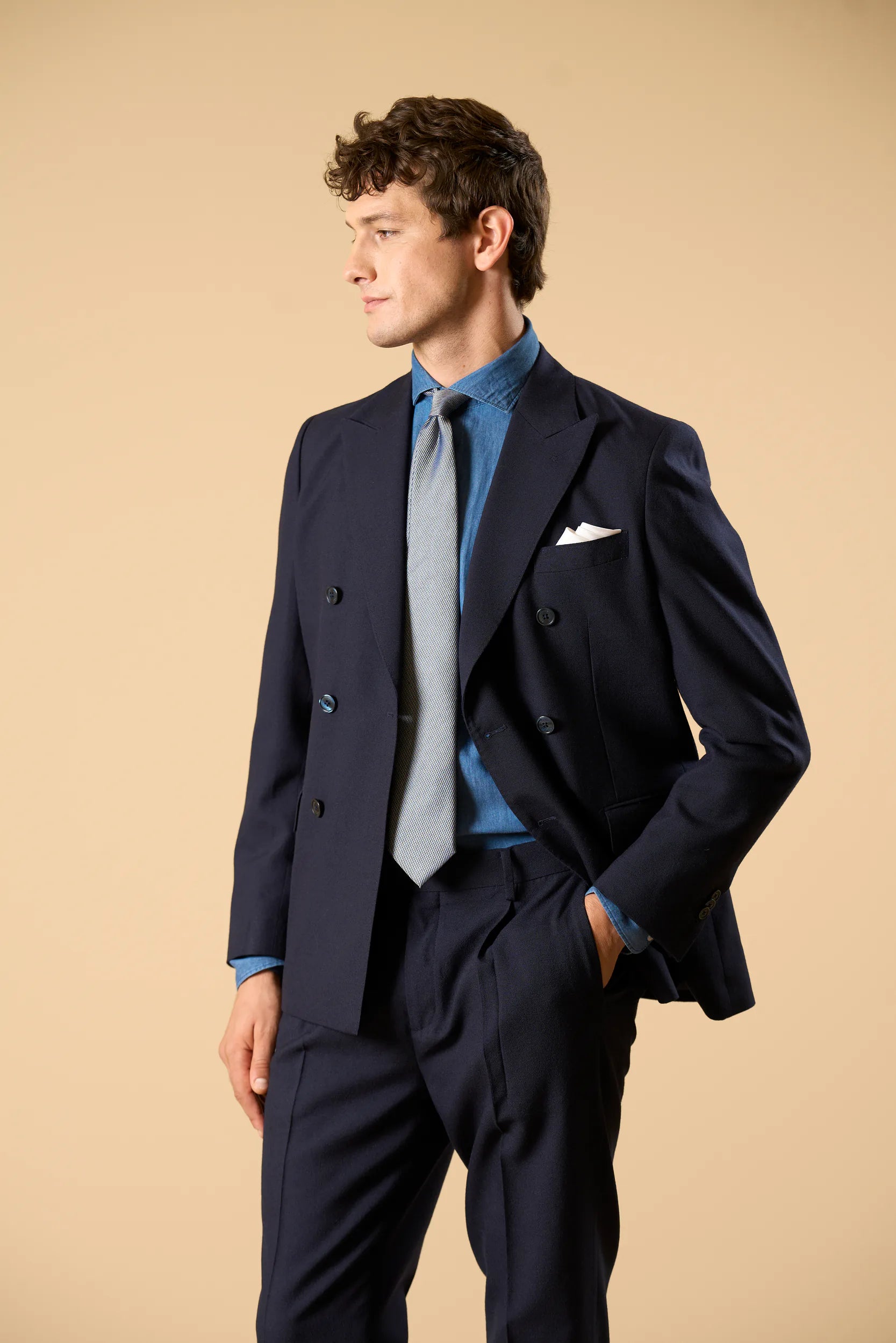 Giacca blu doppiopetto lana vergine merinos custom fit Angelico 3