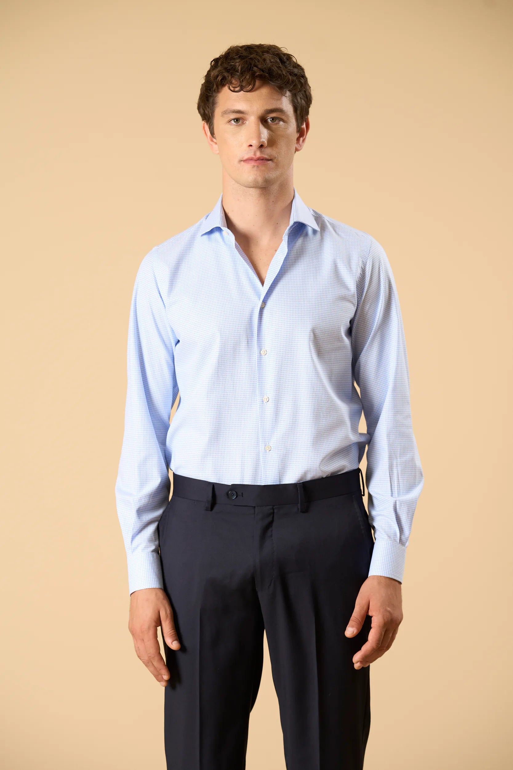Camicia bianco azzurra pied de poule cotone slim fit Angelico 5