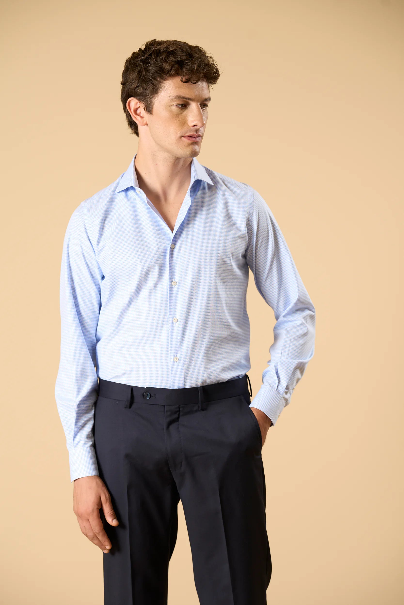 Camicia bianco azzurra pied de poule cotone slim fit Angelico 1
