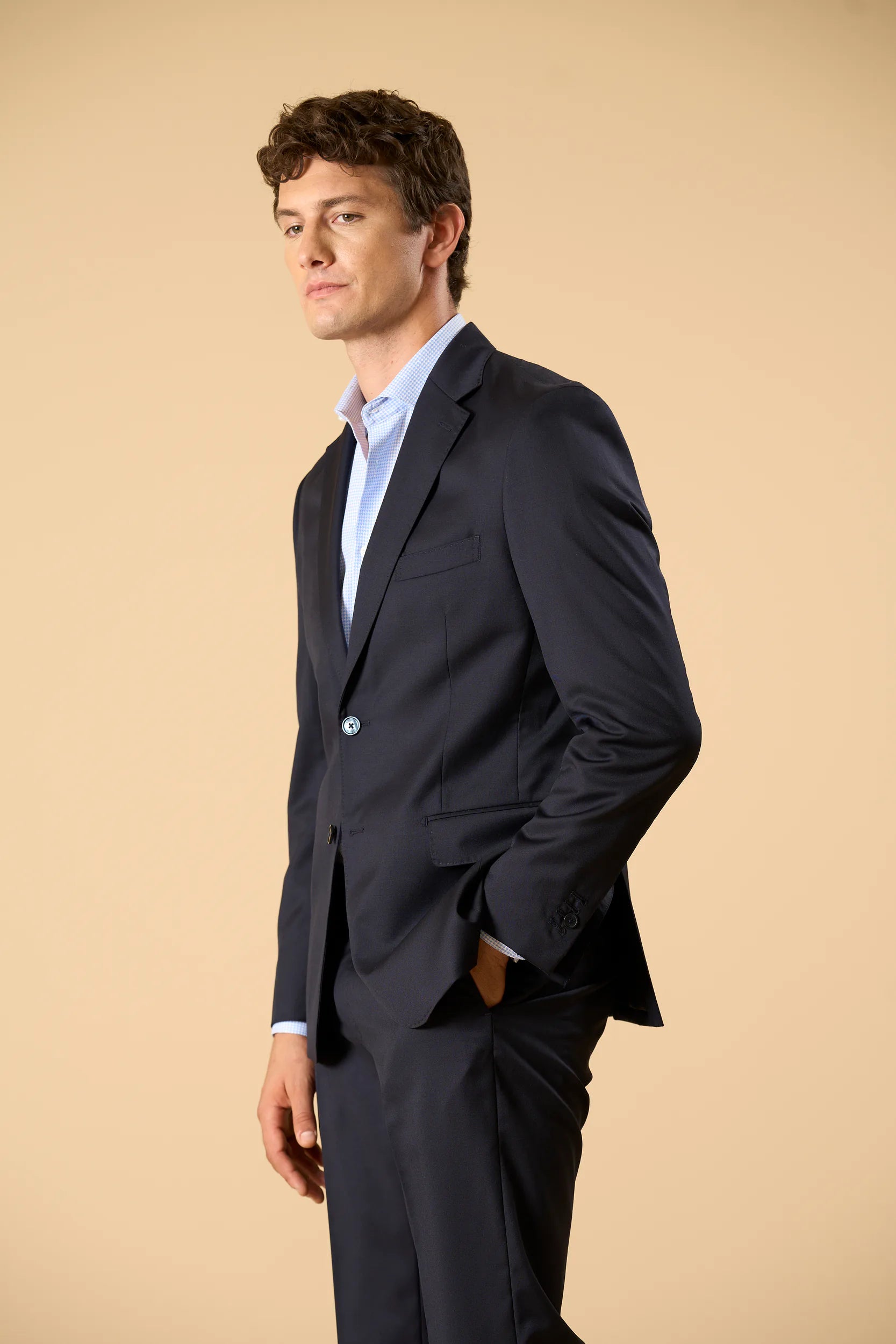 Giacca da abito blu sallia lana stretch custom fit Angelico 1