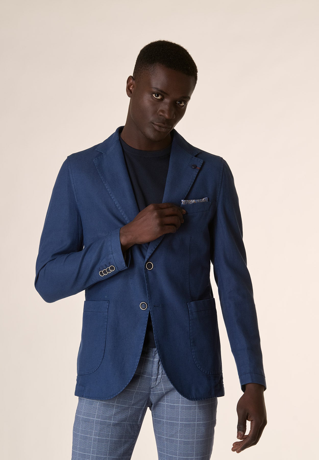 Blue cotton-linen custom-fit jacket