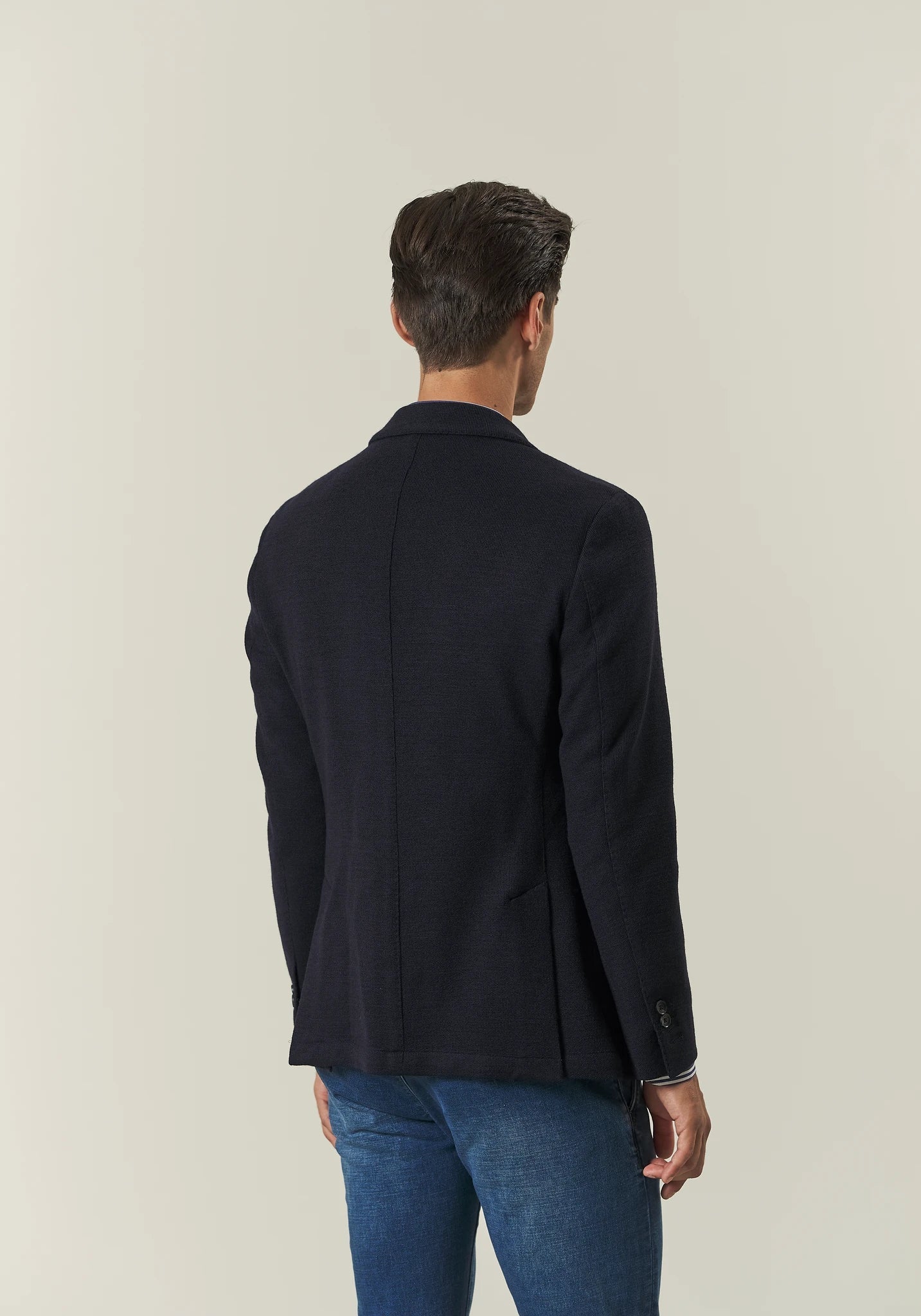 Giacca blu decostruita jersey misto lana custom fit-Angelico