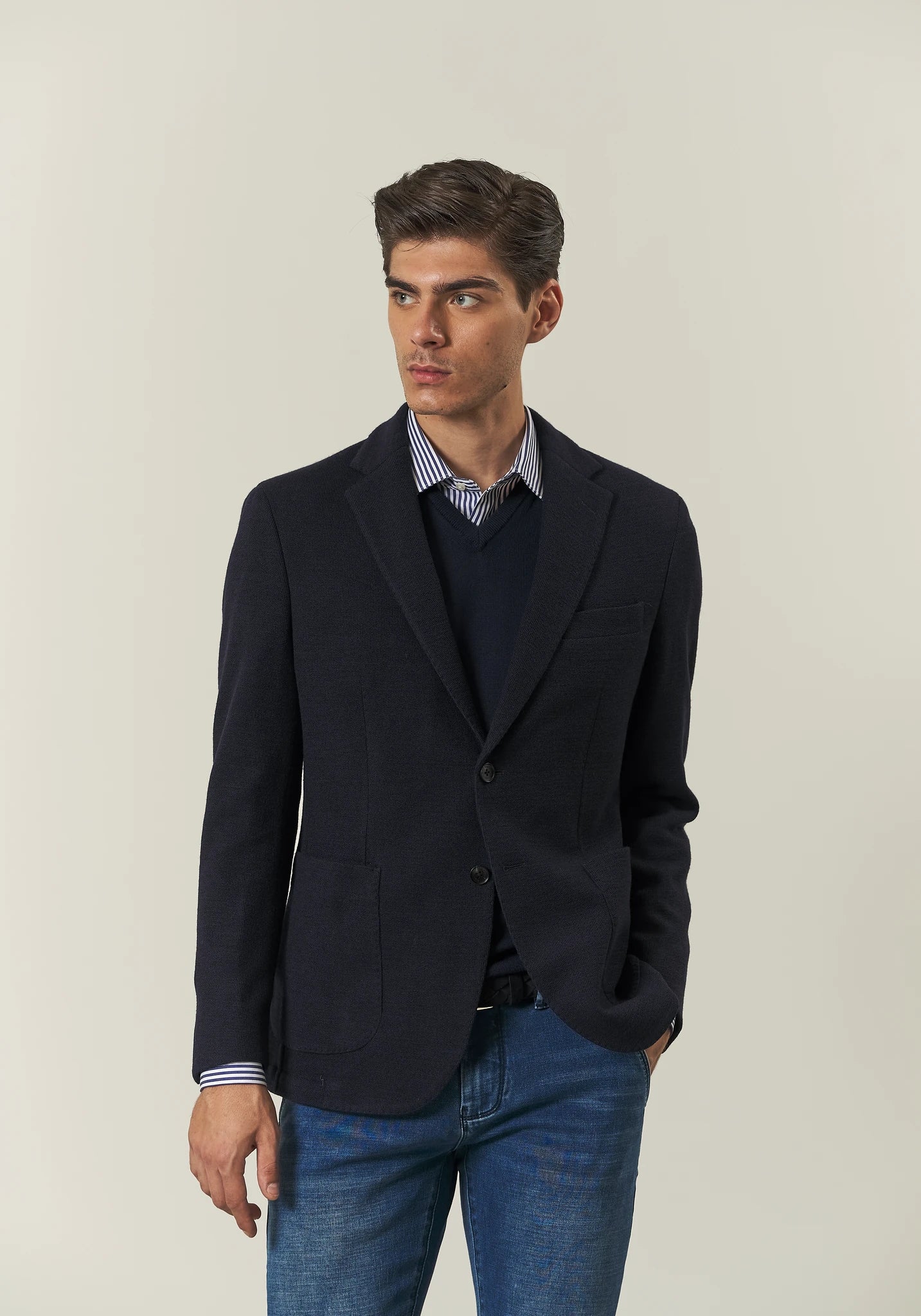 Giacca blu decostruita jersey misto lana custom fit-Angelico