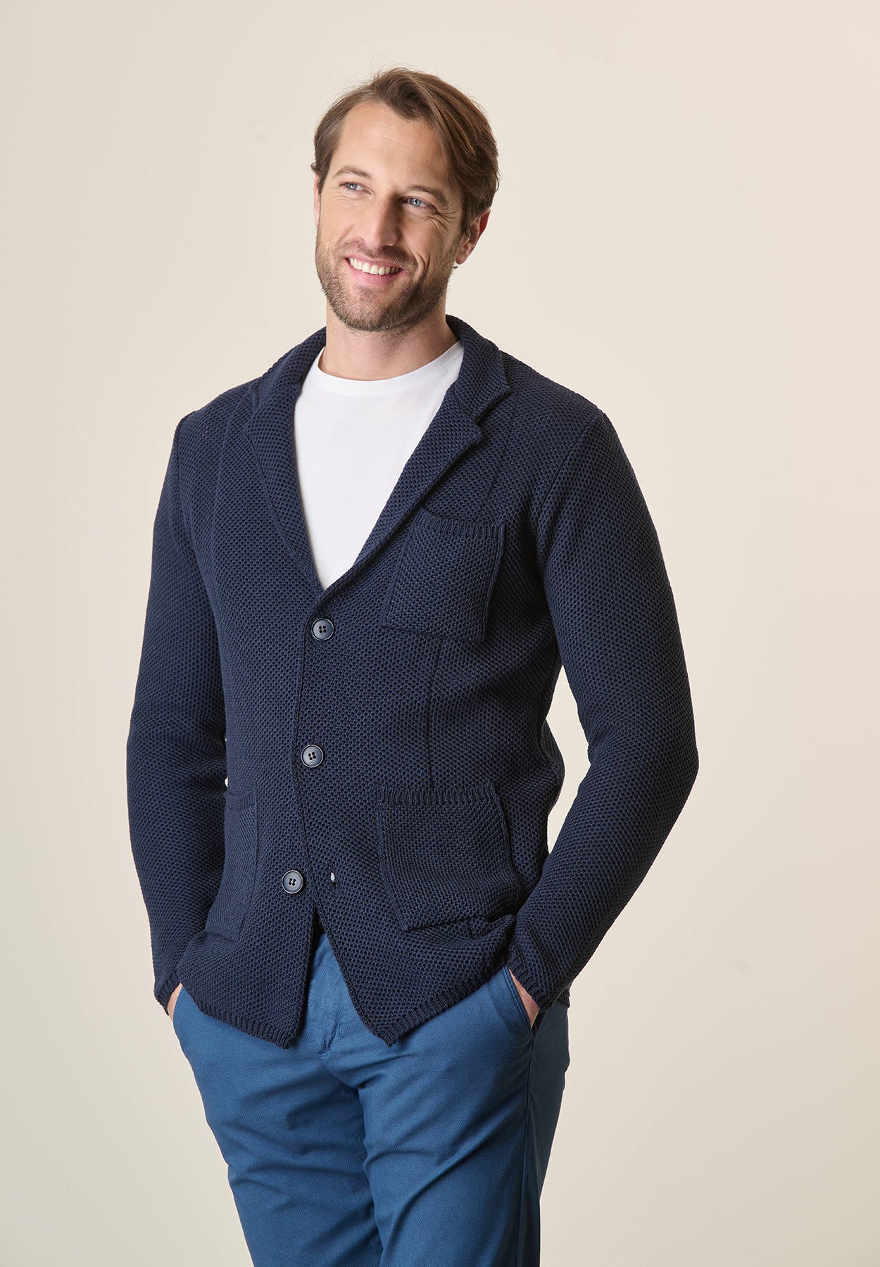 Blue cotton blend knitted jacket