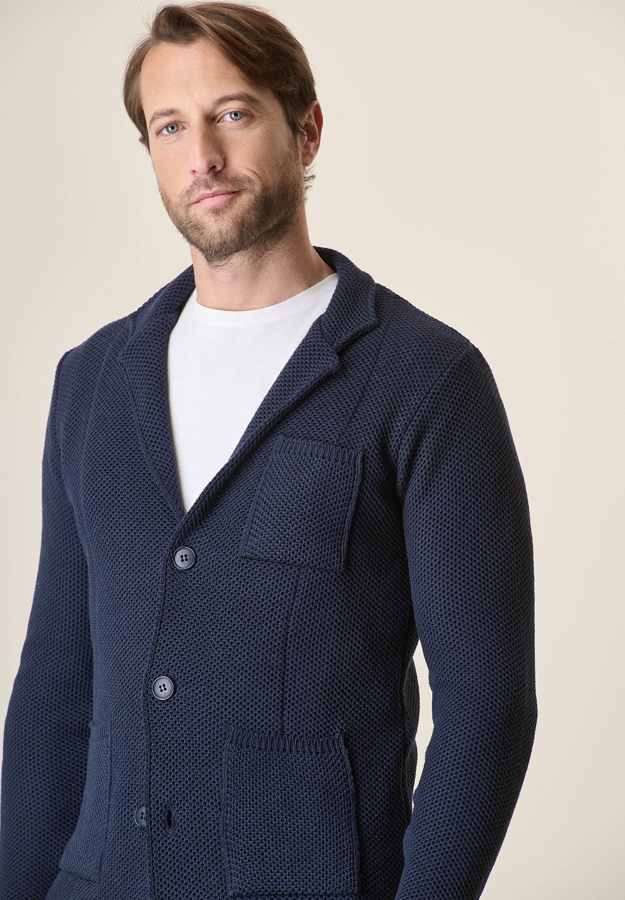 Blue cotton blend knitted jacket