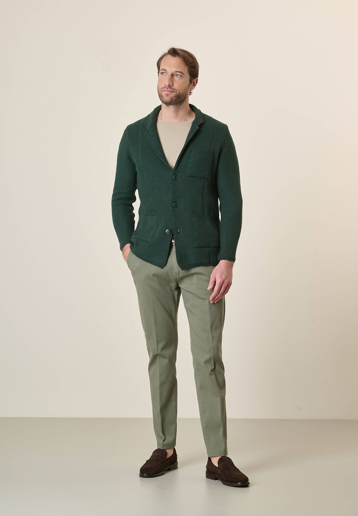 Green cotton blend knitted jacket