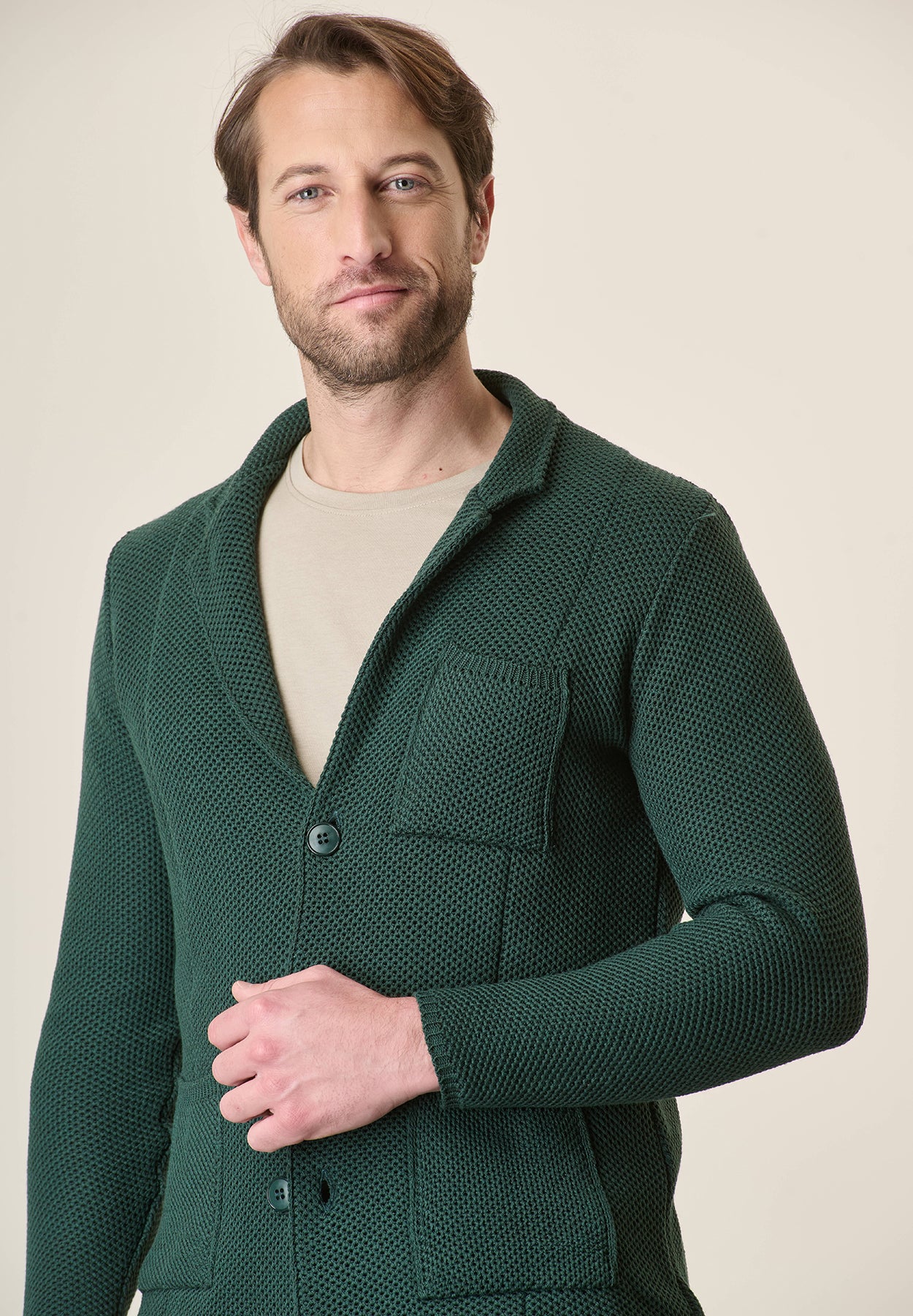 Green cotton blend knitted jacket