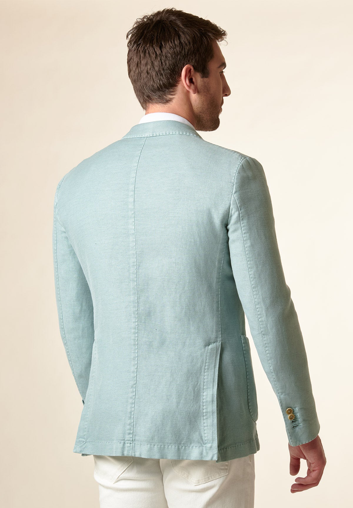 Aquagrüne, individuell geschnittene Jacke aus Leinen-Baumwolle