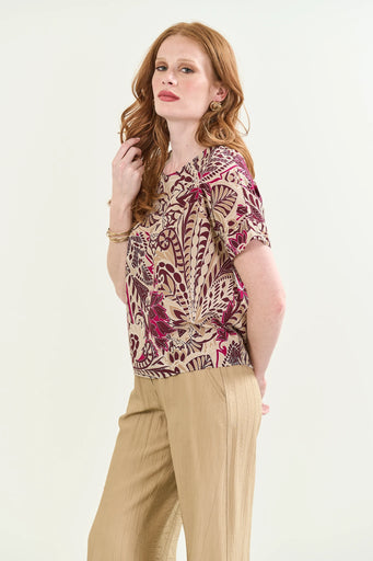 Blusa girocollo beige fantasia burgundy viscosa