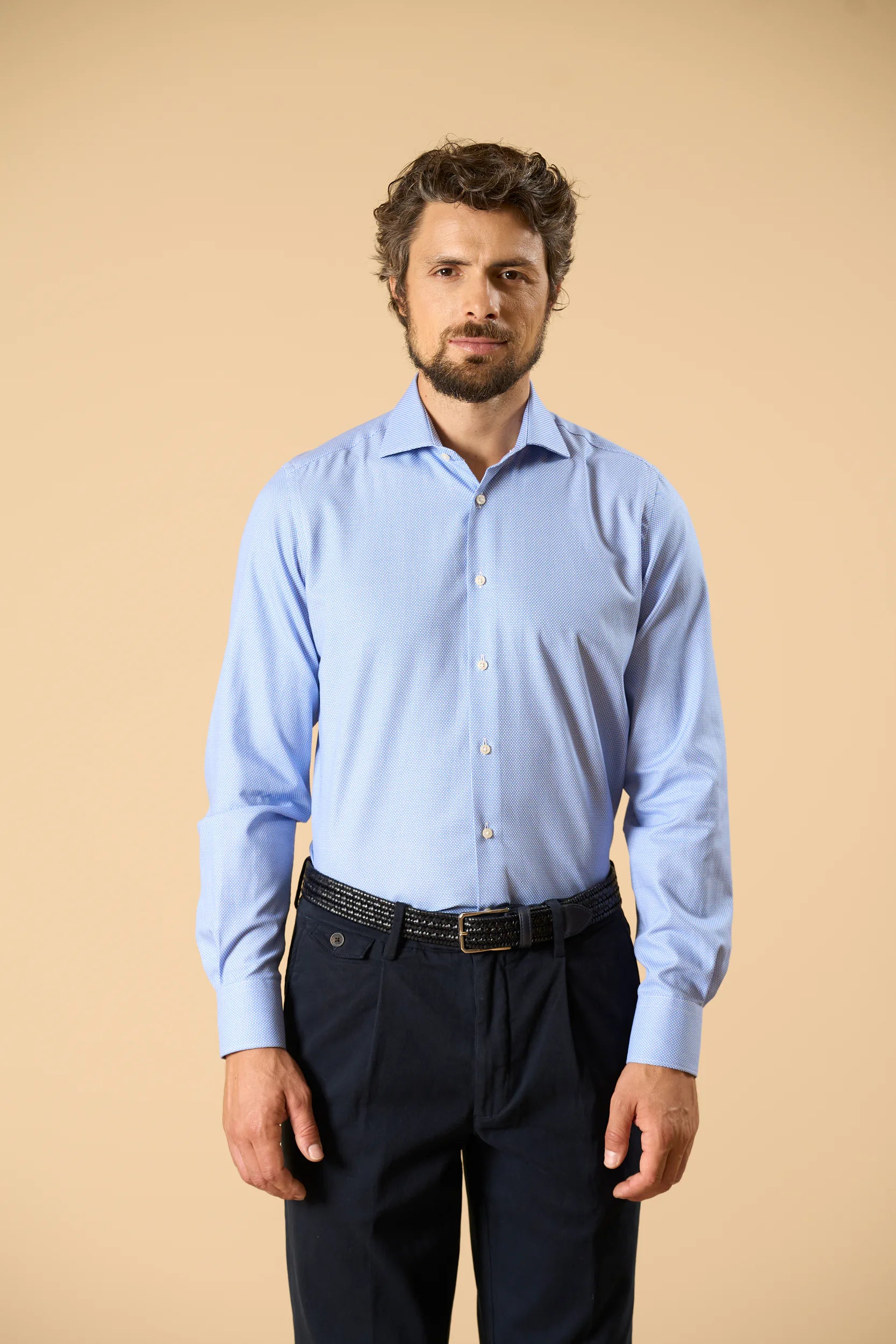 Camicia blu bianca microdisegno cotone oxford regular fit Angelico 4