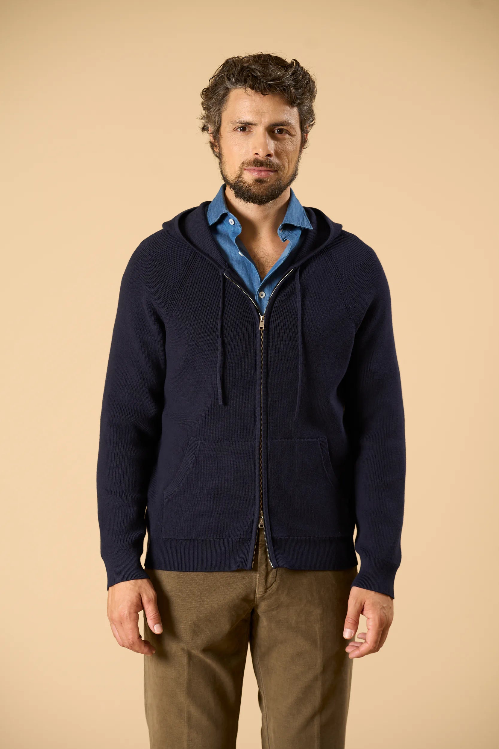Maglia blu full zip con cappuccio cotone Angelico 5
