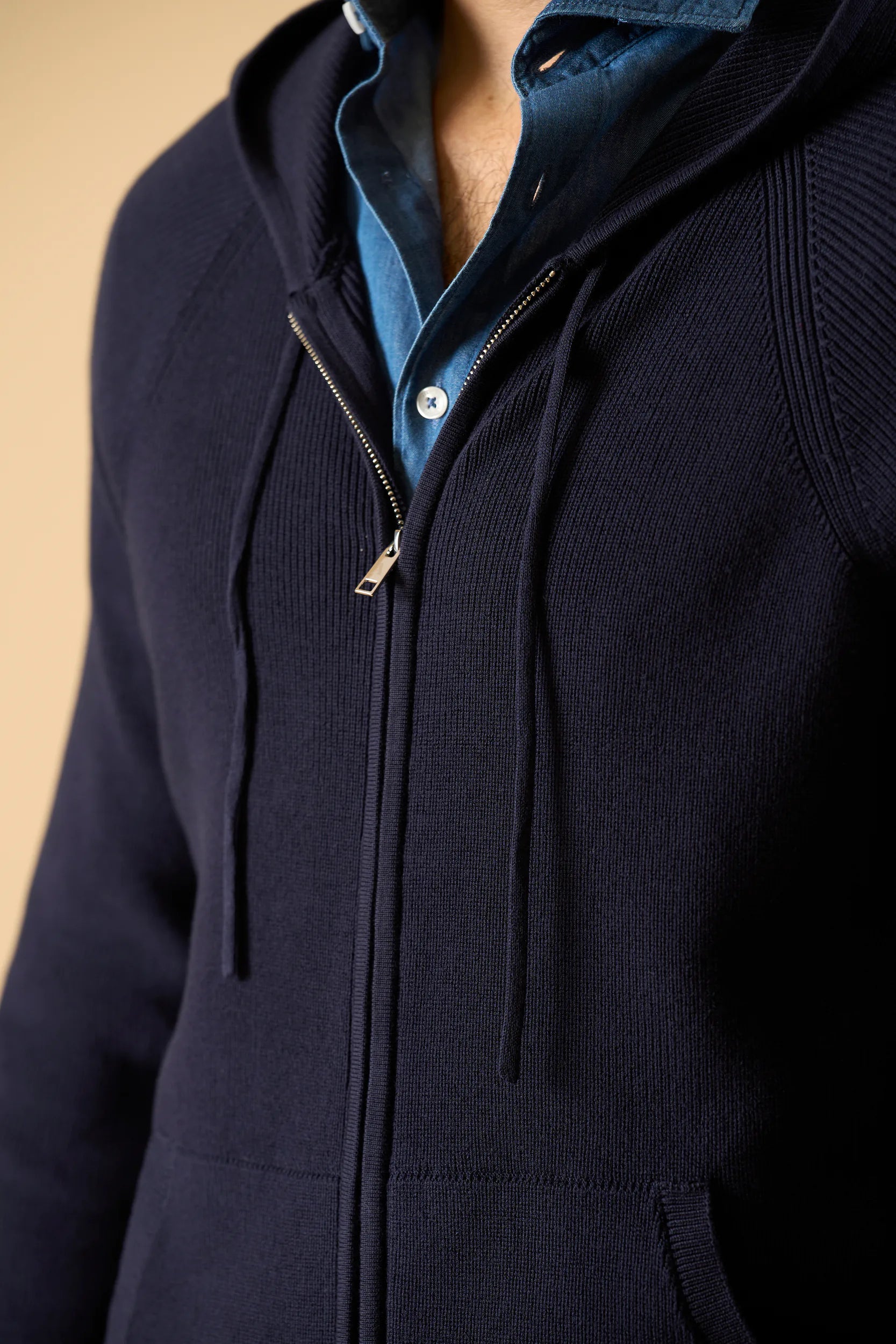 Maglia blu full zip con cappuccio cotone Angelico 2