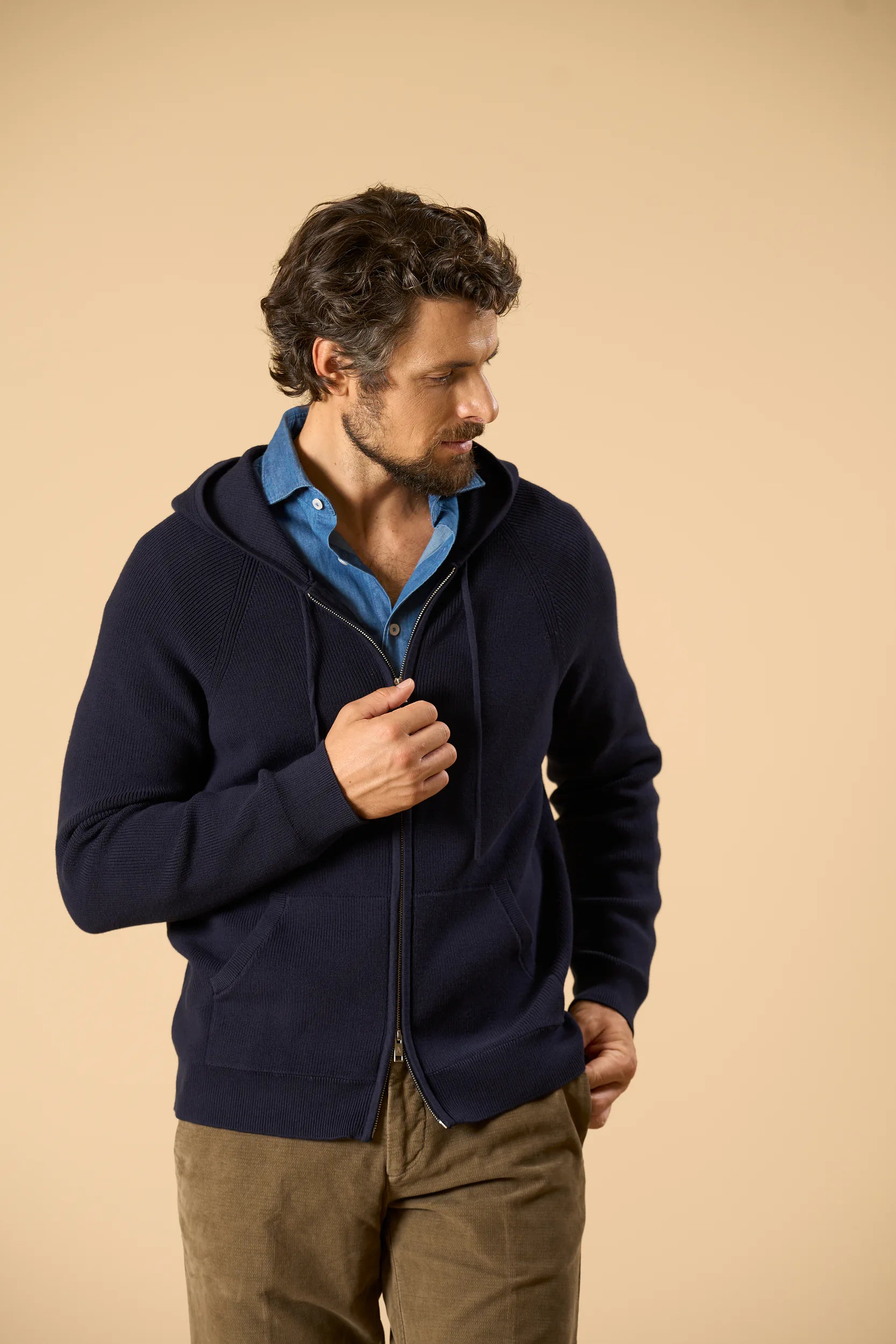 Maglia blu full zip con cappuccio cotone Angelico 1