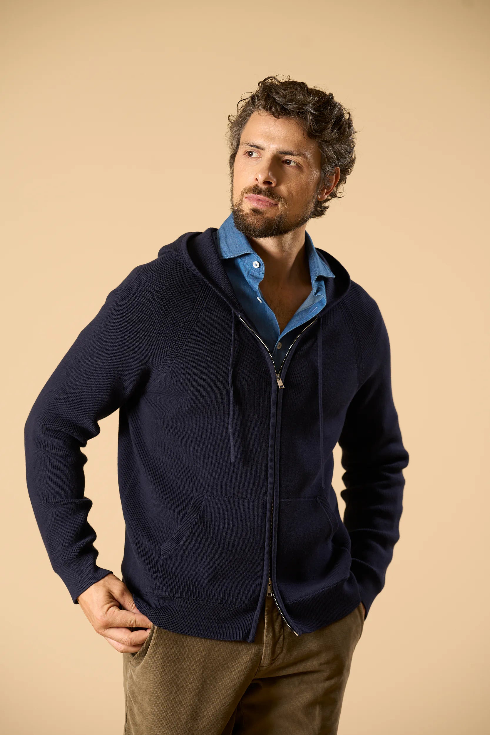 Maglia blu full zip con cappuccio cotone Angelico 4
