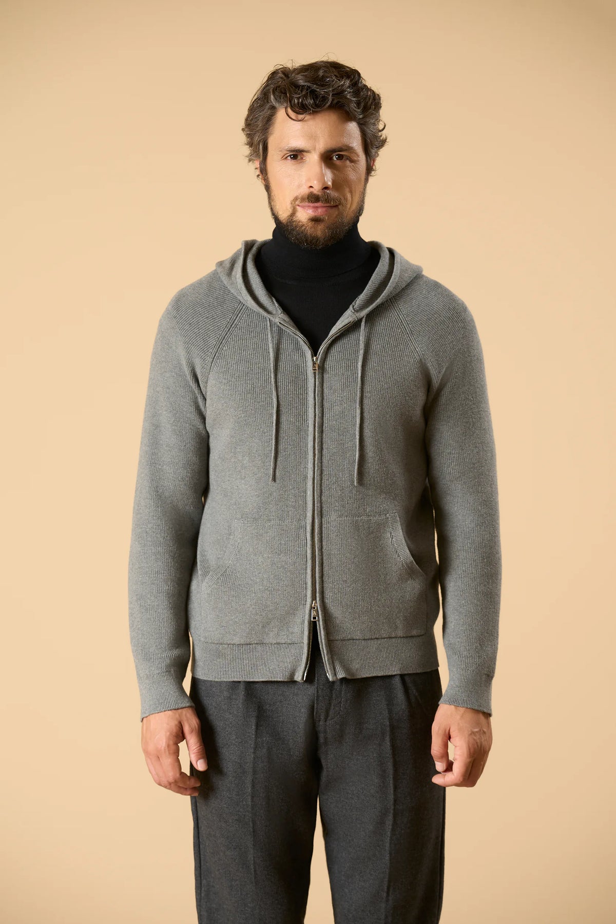 Graues Kapuzen-Sweatshirt aus Baumwolle mit durchgehendem Reißverschluss Angelico 4