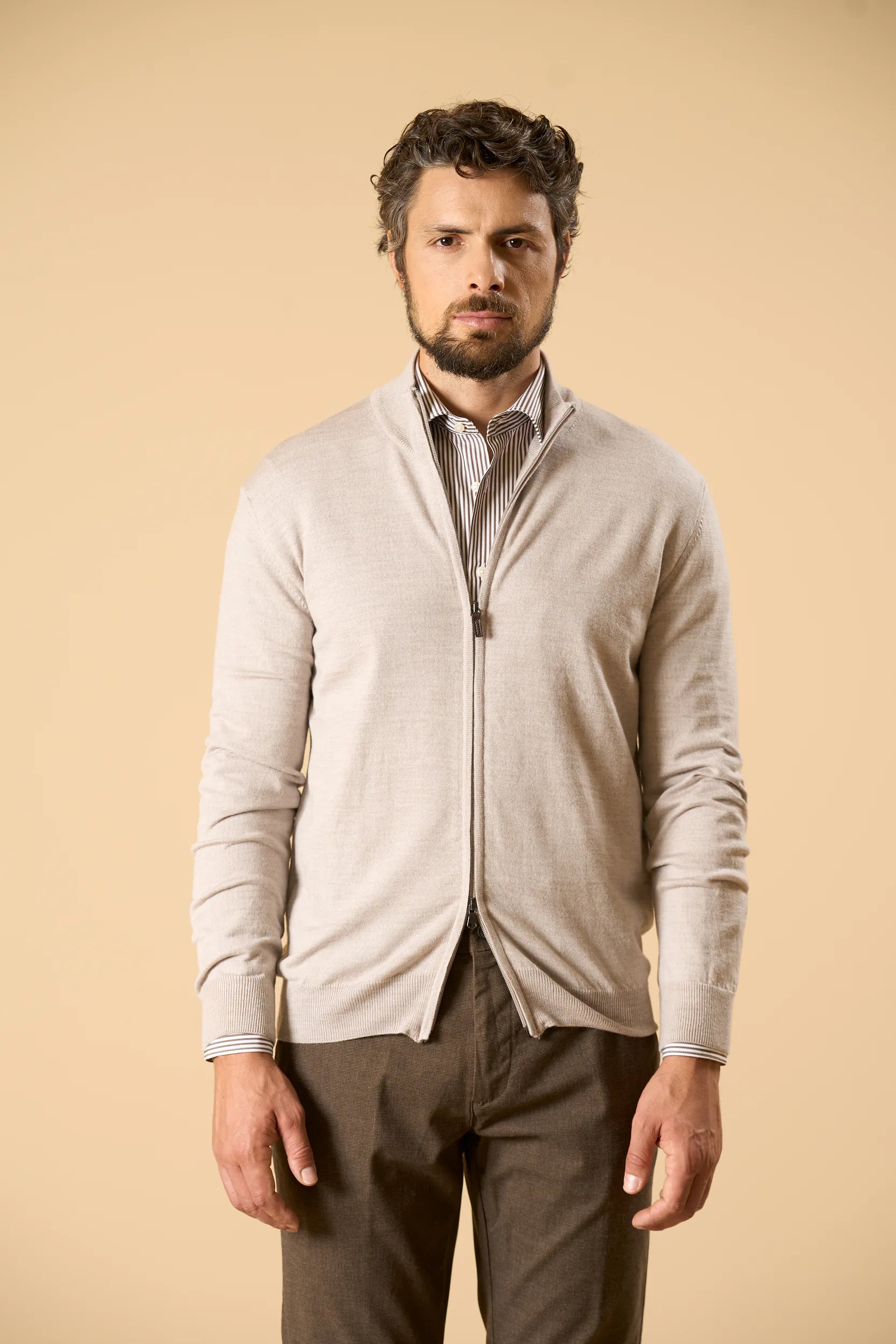 Maglia full zip beige lana merinos extrafine Angelico 5