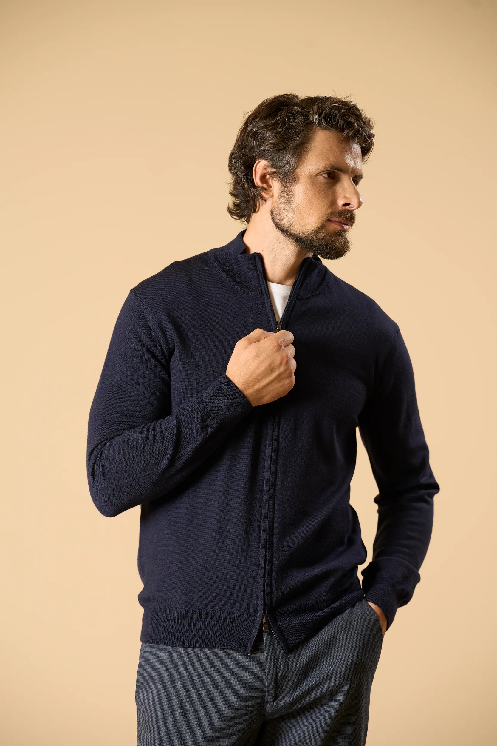 Maglia full zip blu lana merinos extrafine Angelico 1