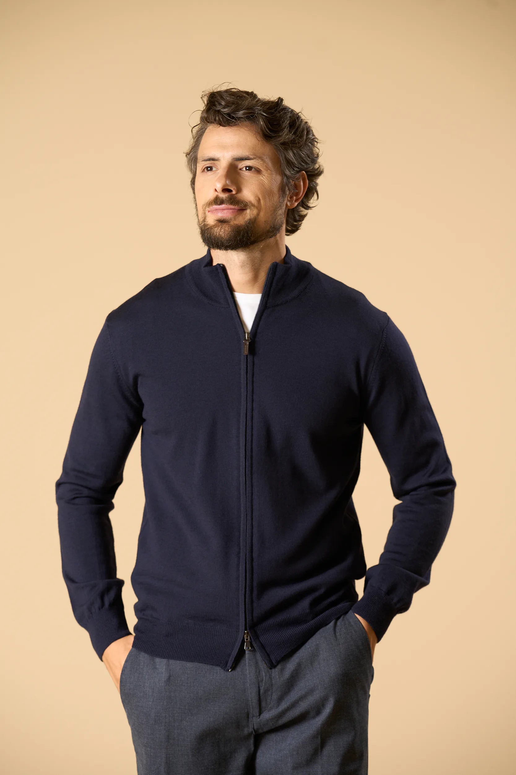 Maglia full zip blu lana merinos extrafine Angelico 3