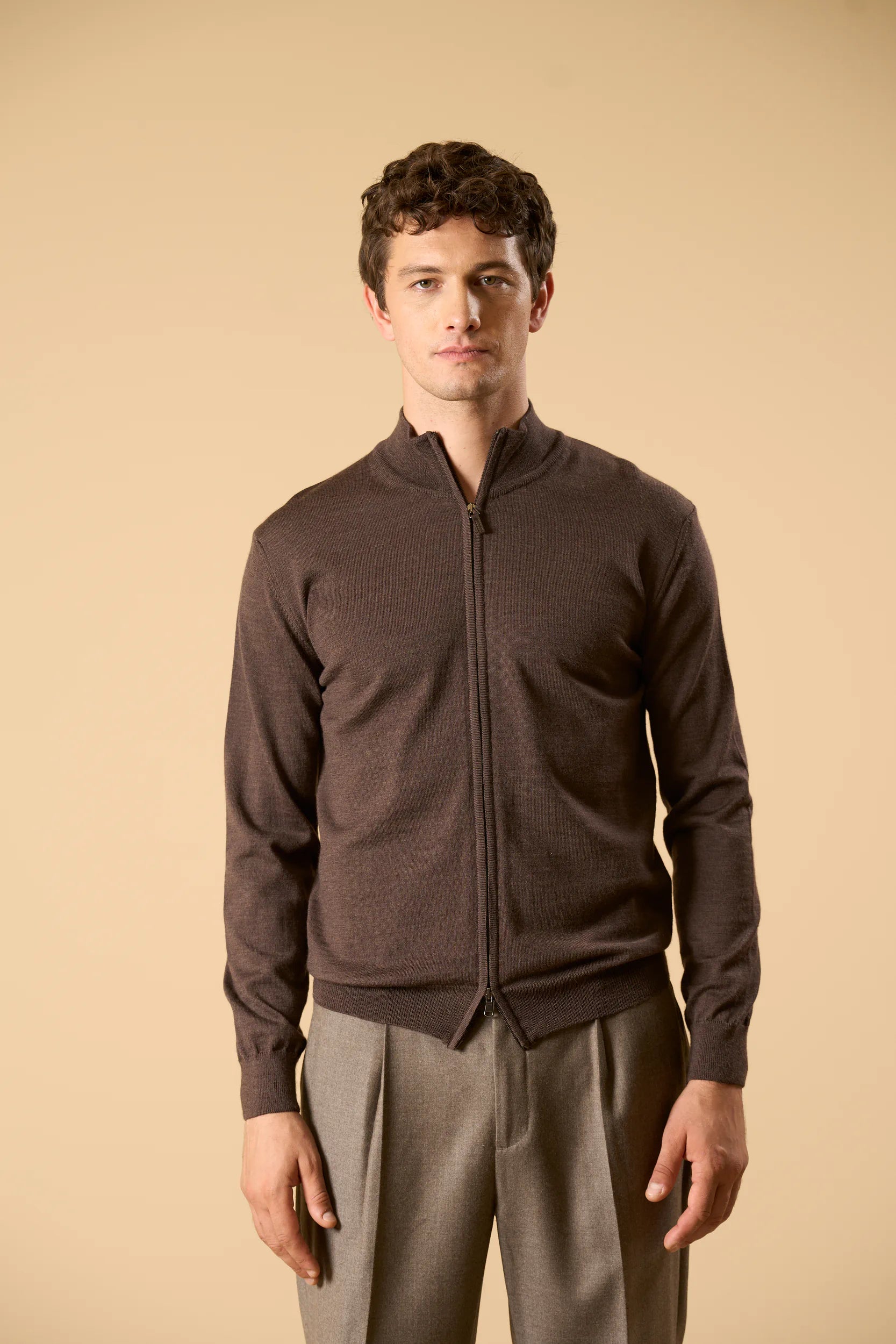 Maglia full zip marrone lana merinos extrafine Angelico 5