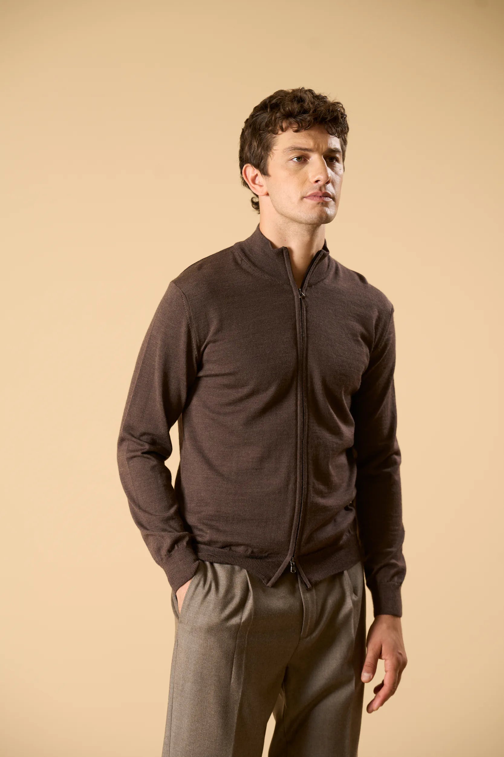 Maglia full zip marrone lana merinos extrafine Angelico 4