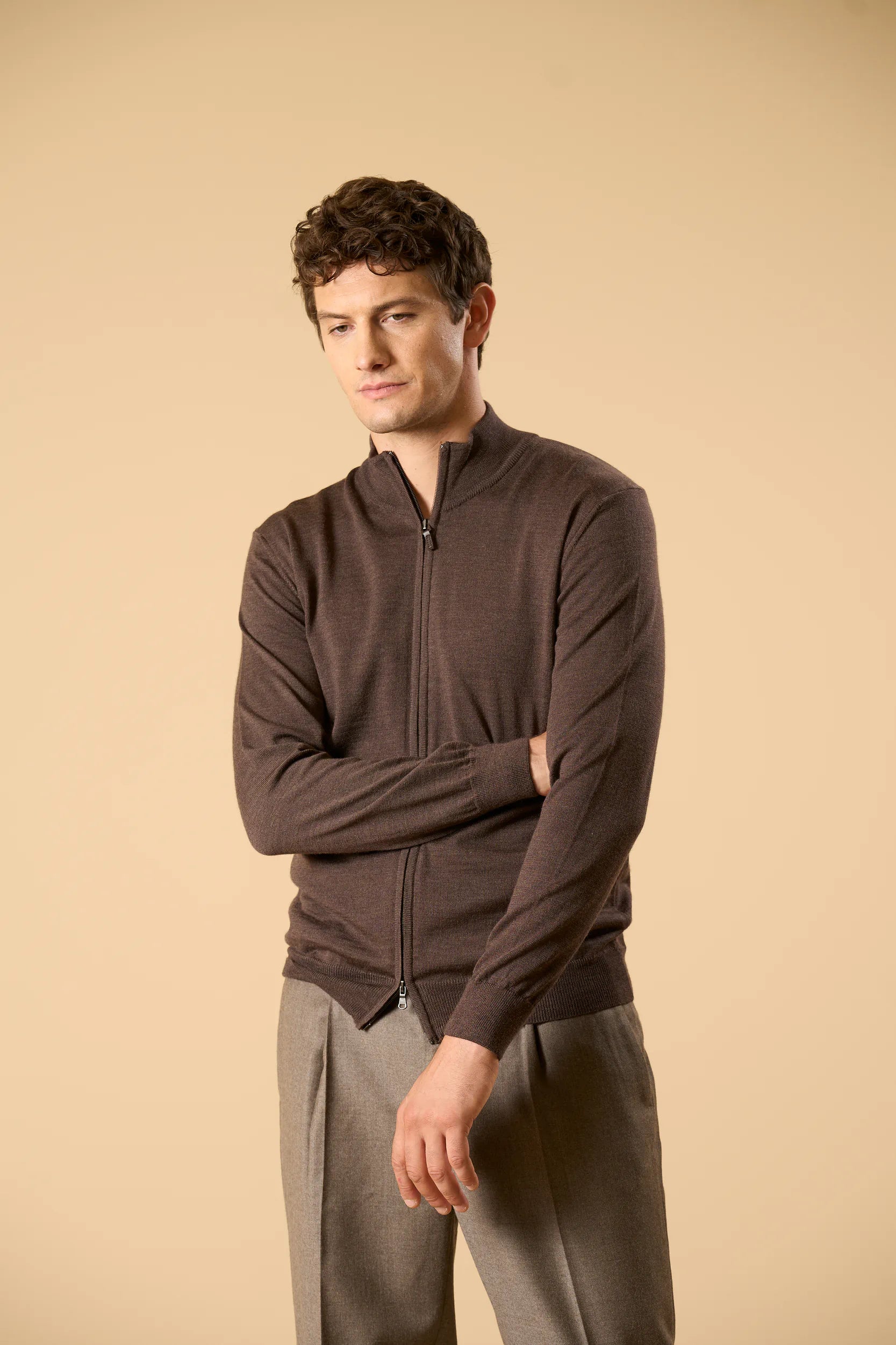 Maglia full zip marrone lana merinos extrafine Angelico 2