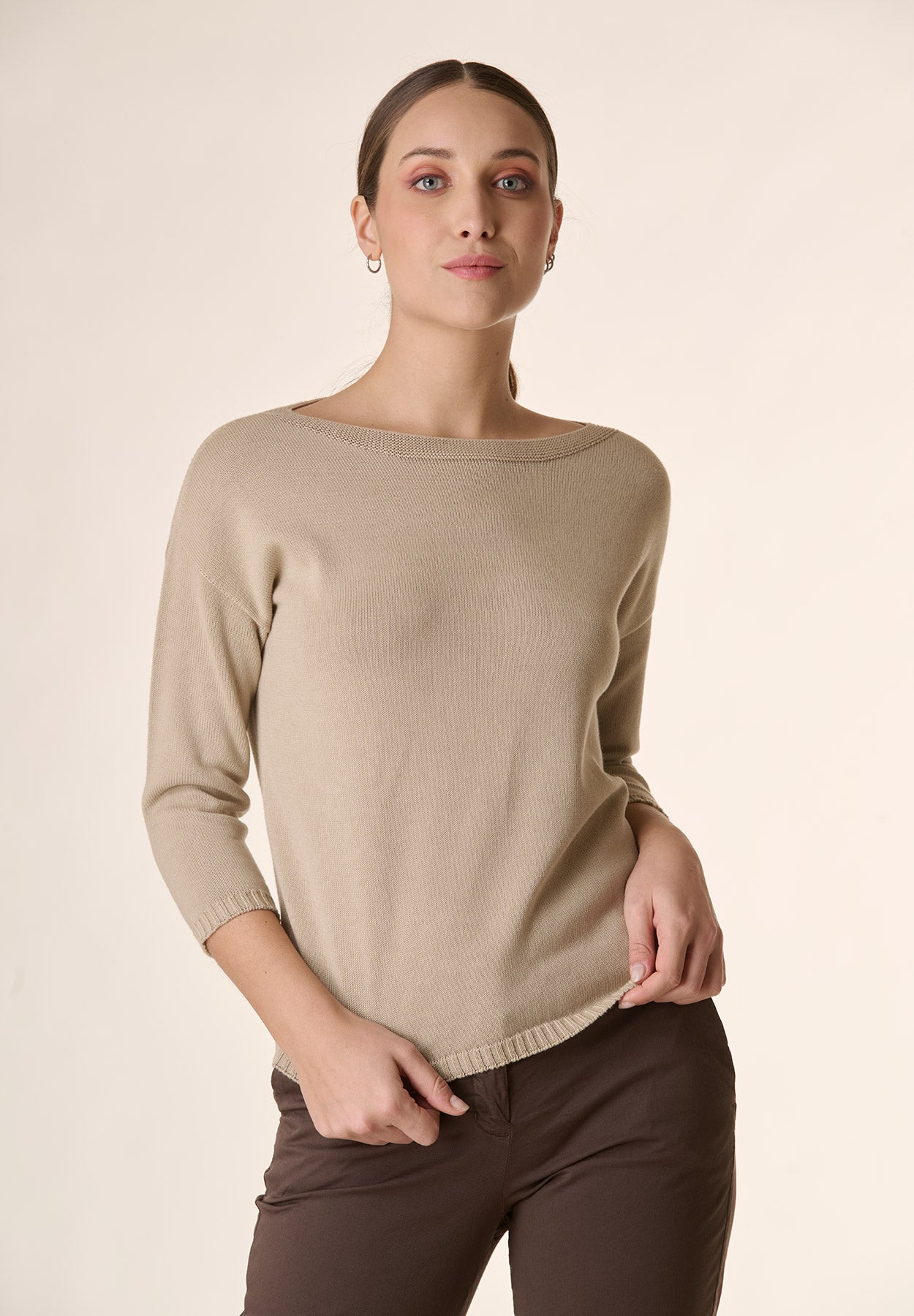 Beige 3/4-sleeve cotton boatneck sweater