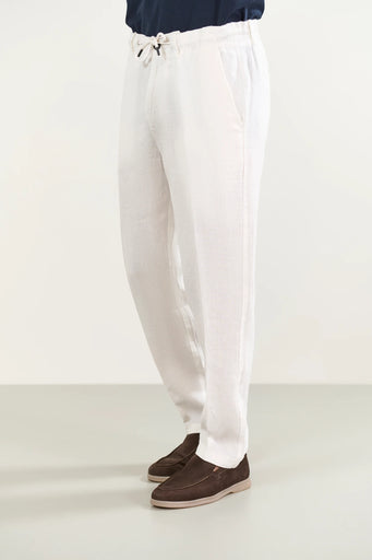 White linen trousers with drawstring