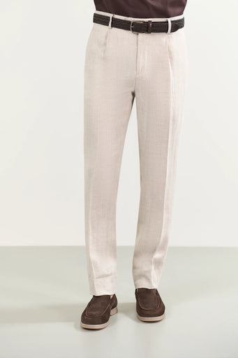 Beige Leinenhose mit Fischgrätmuster und individueller Passform 