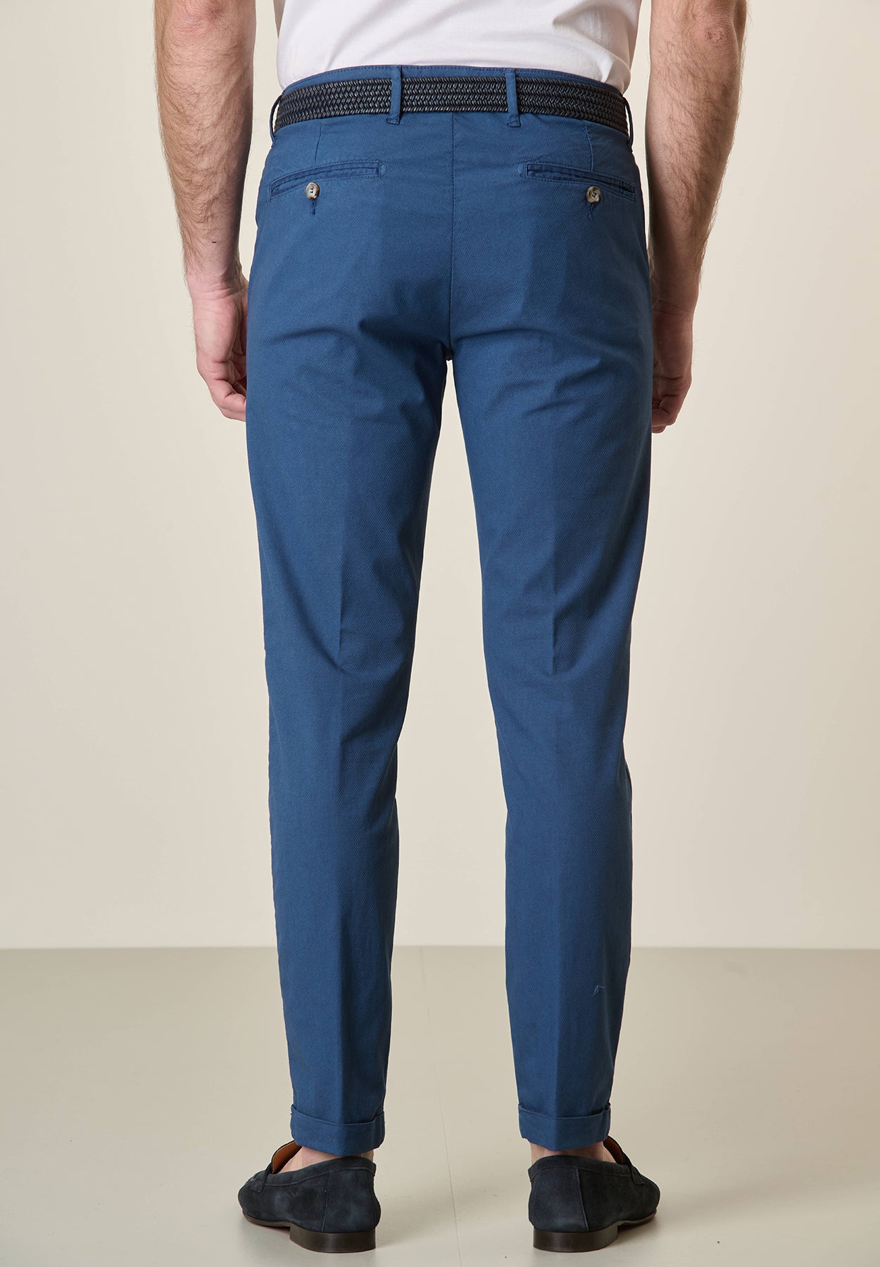 Indigo stretch cotton slim fit woven trousers