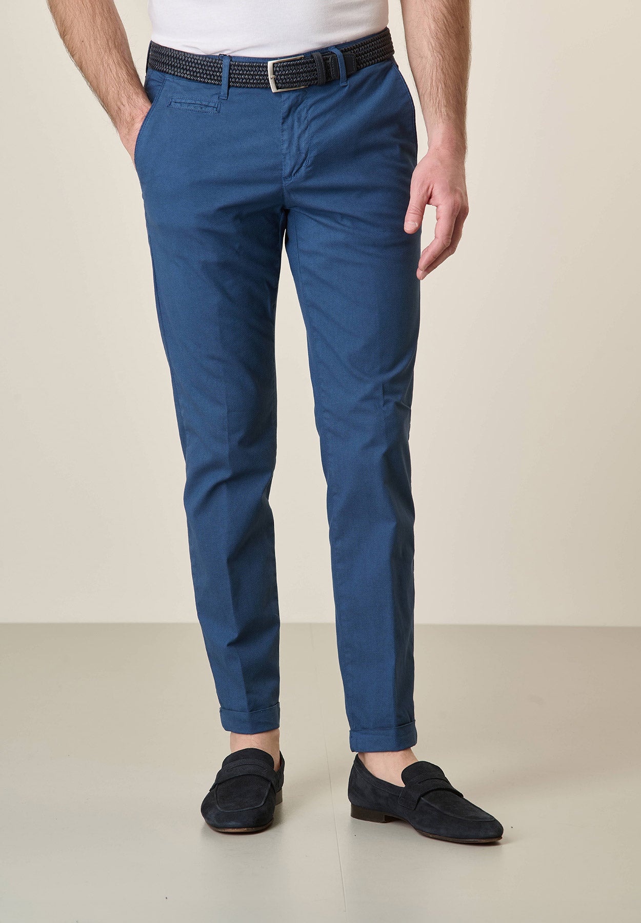 Indigo stretch cotton slim fit woven trousers