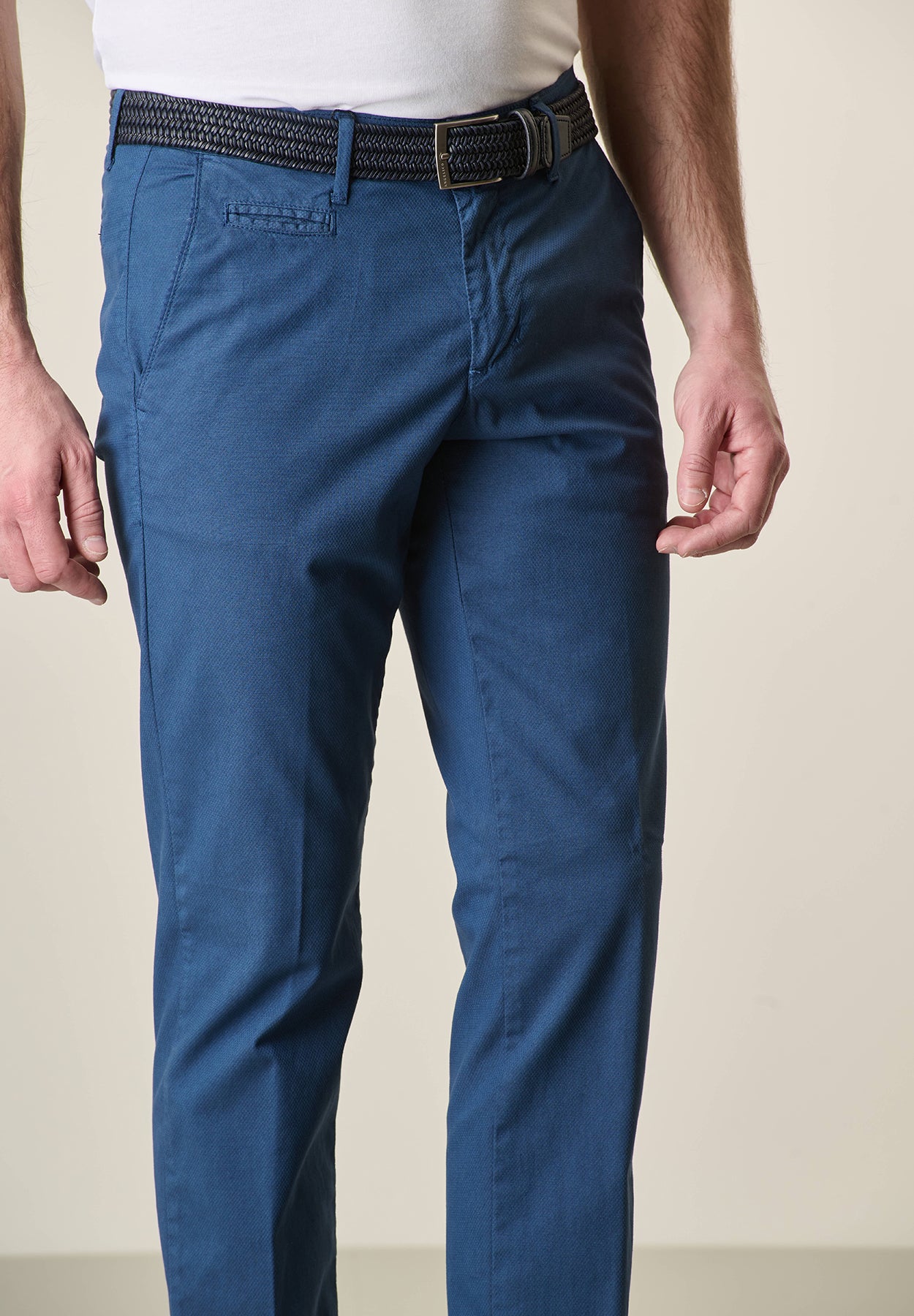 Indigo stretch cotton slim fit woven trousers