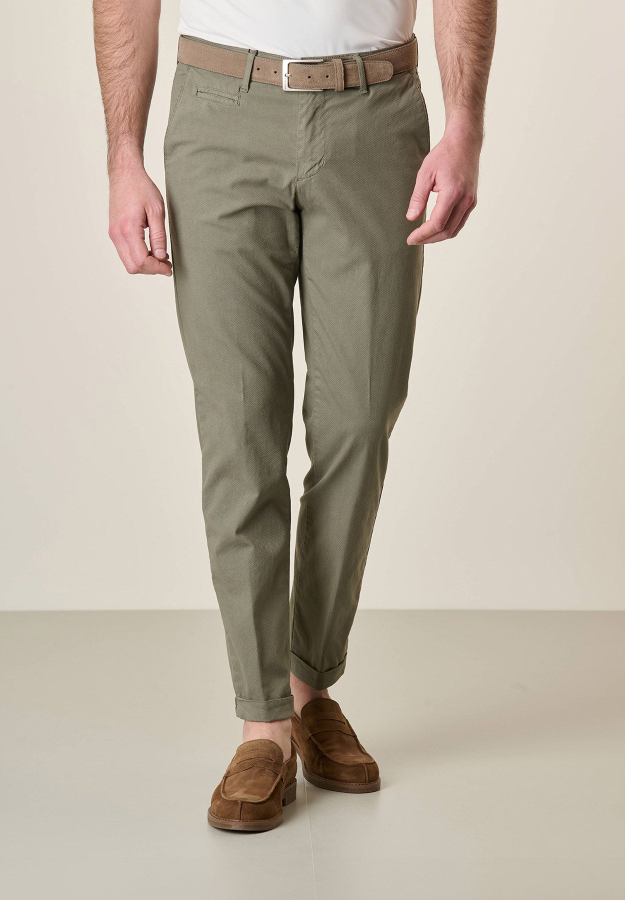 Sage green trousers in stretch cotton with a slim fit