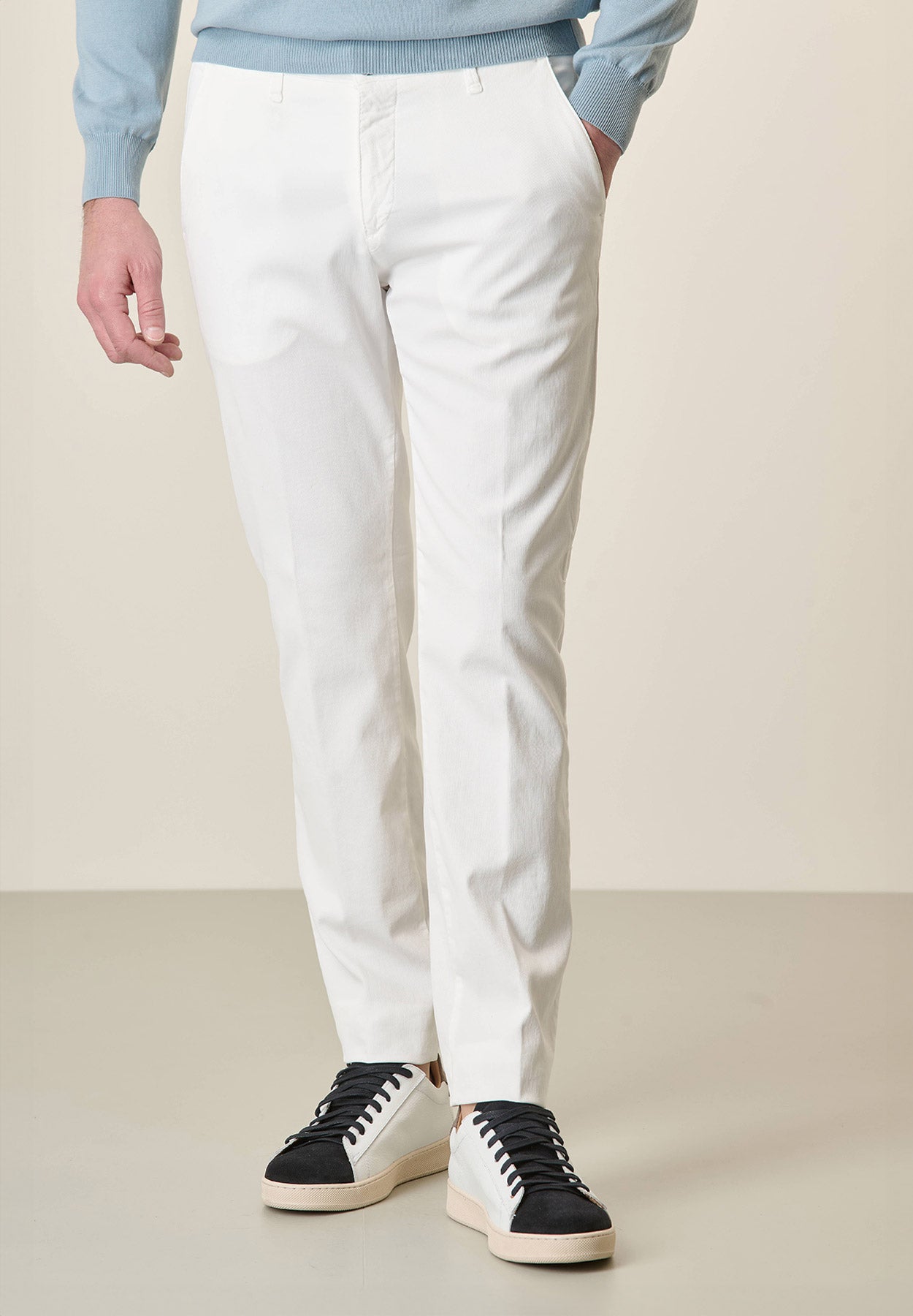 White cotton tencel stretch slim fit trousers