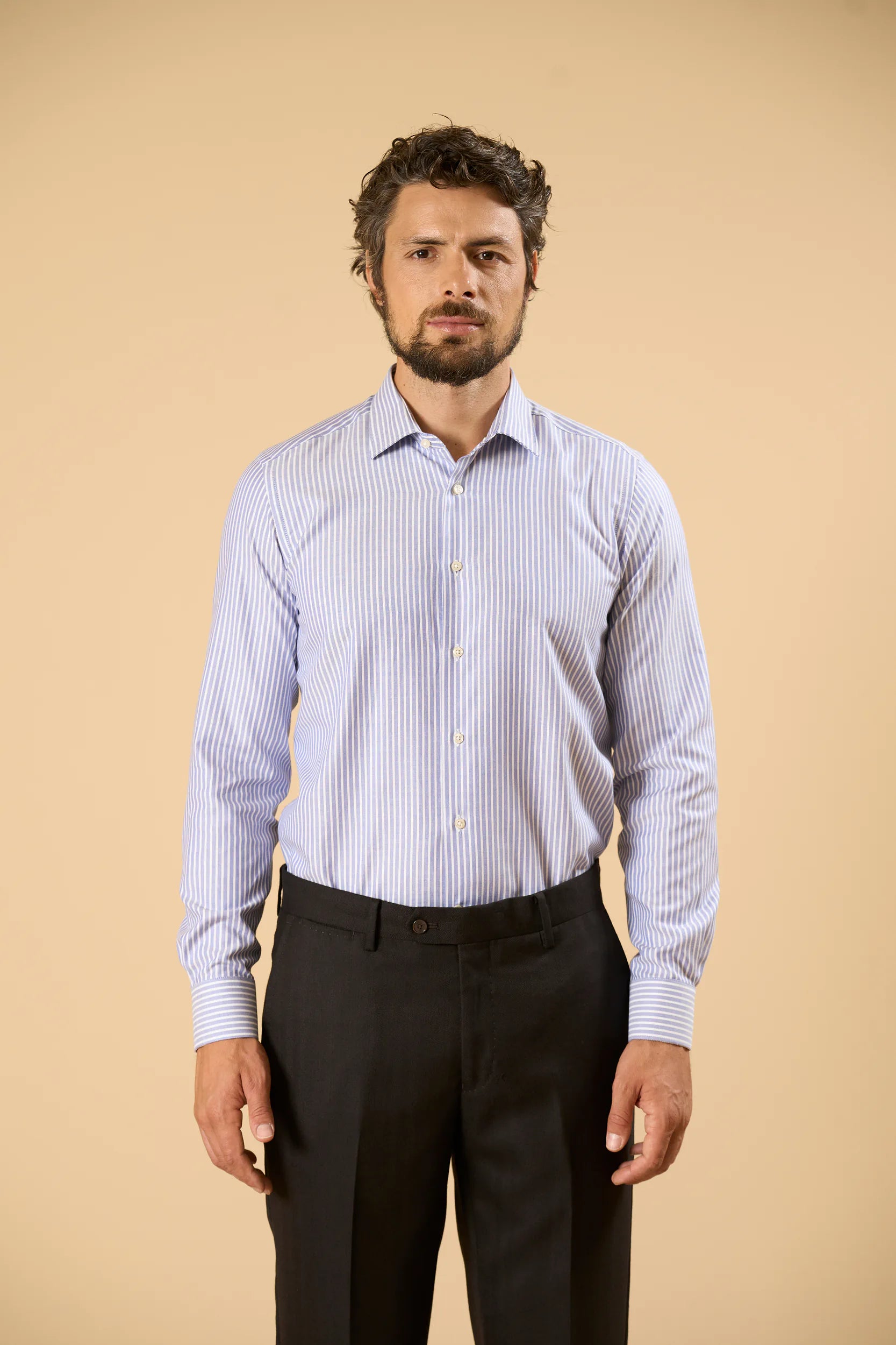 Camicia blu bianca bacchettina cotone oxford slim fit Angelico 4