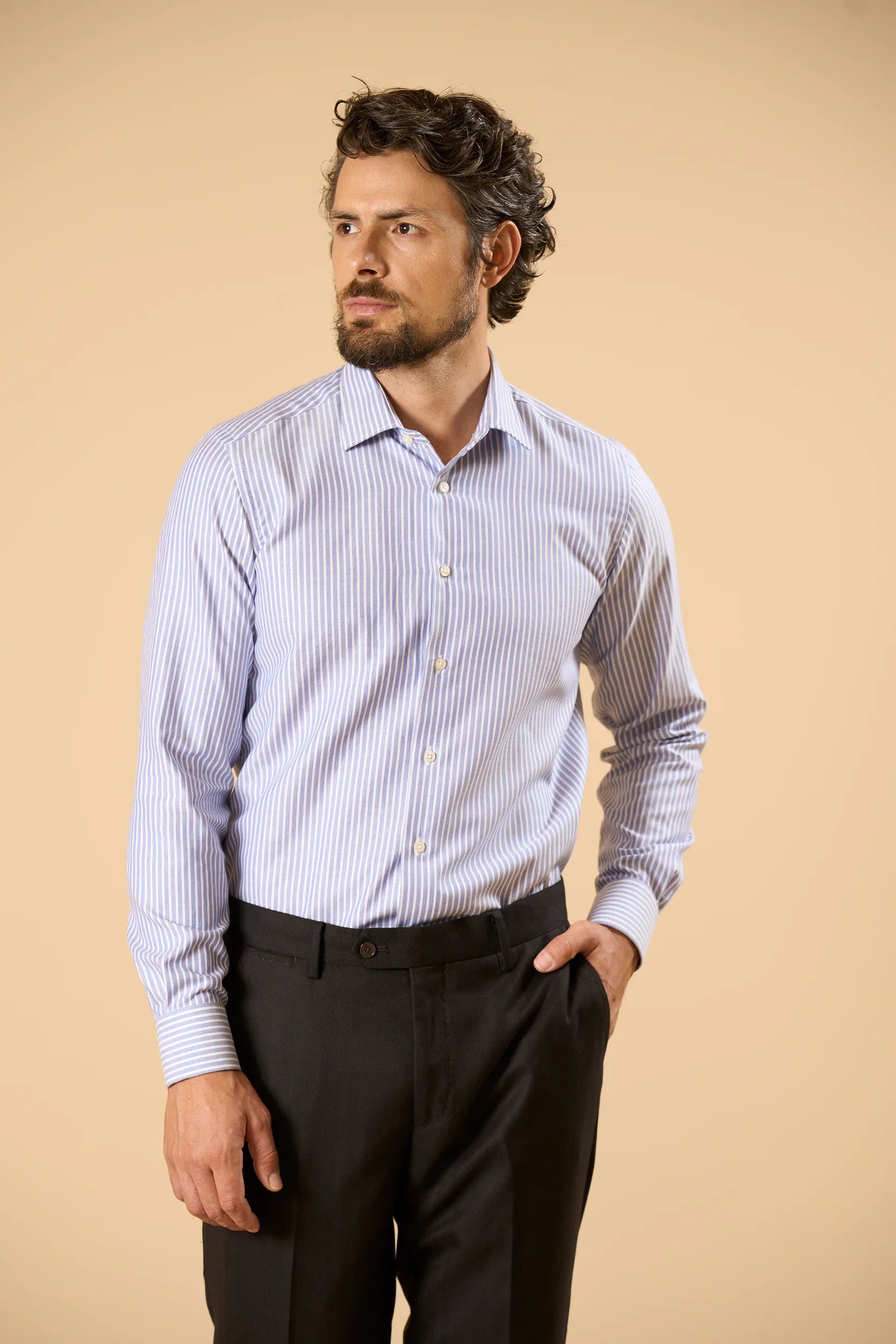 Camicia blu bianca bacchettina cotone oxford slim fit Angelico 1