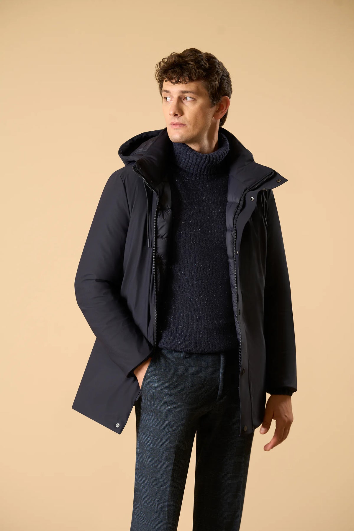 Parka blu tessuto tecnico con cappuccio