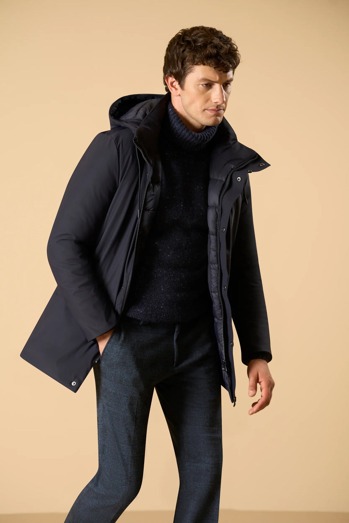 Parka blu tessuto tecnico con cappuccio