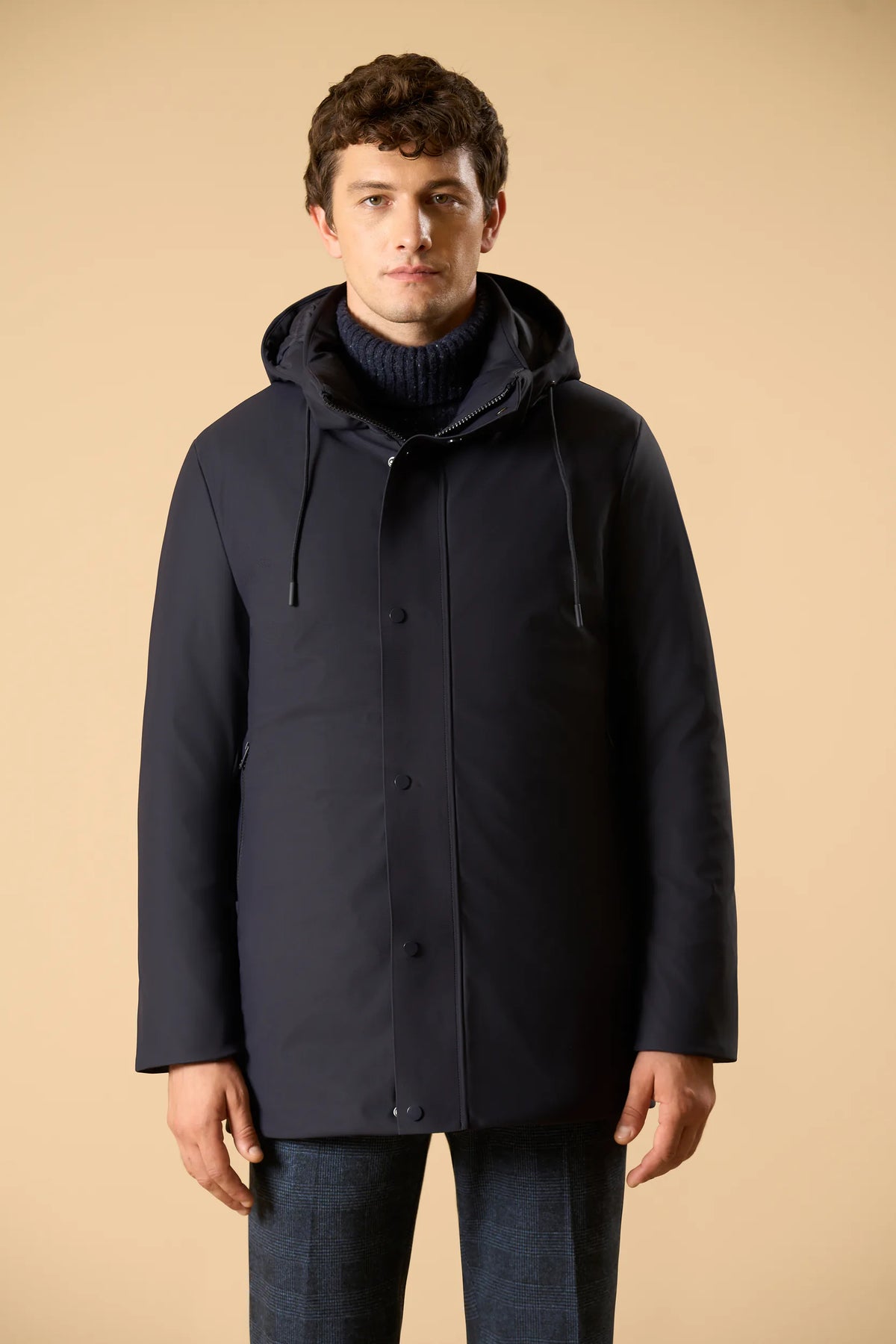 Parka blu tessuto tecnico con cappuccio