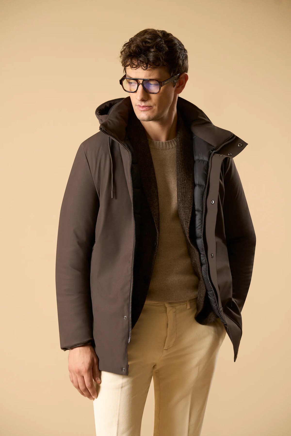 Parka moro tessuto tecnico con cappuccio