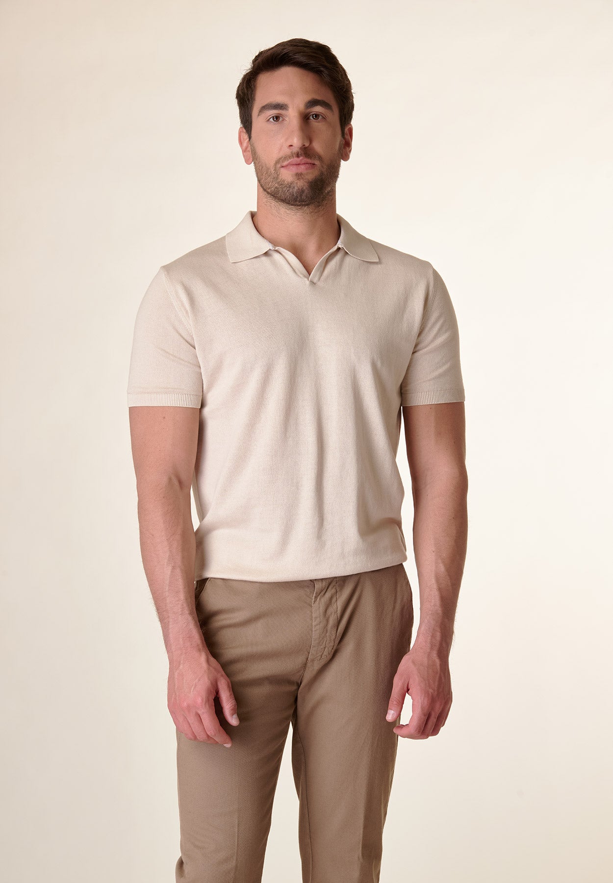 Beige jersey buttonless polo shirt