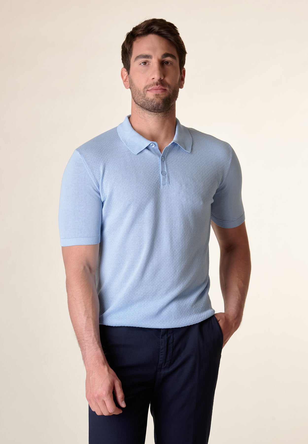 light blue cotton textured polo shirt