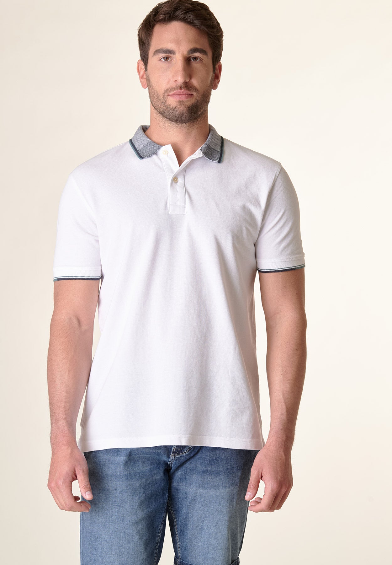 White cotton jacquard collar polo shirt