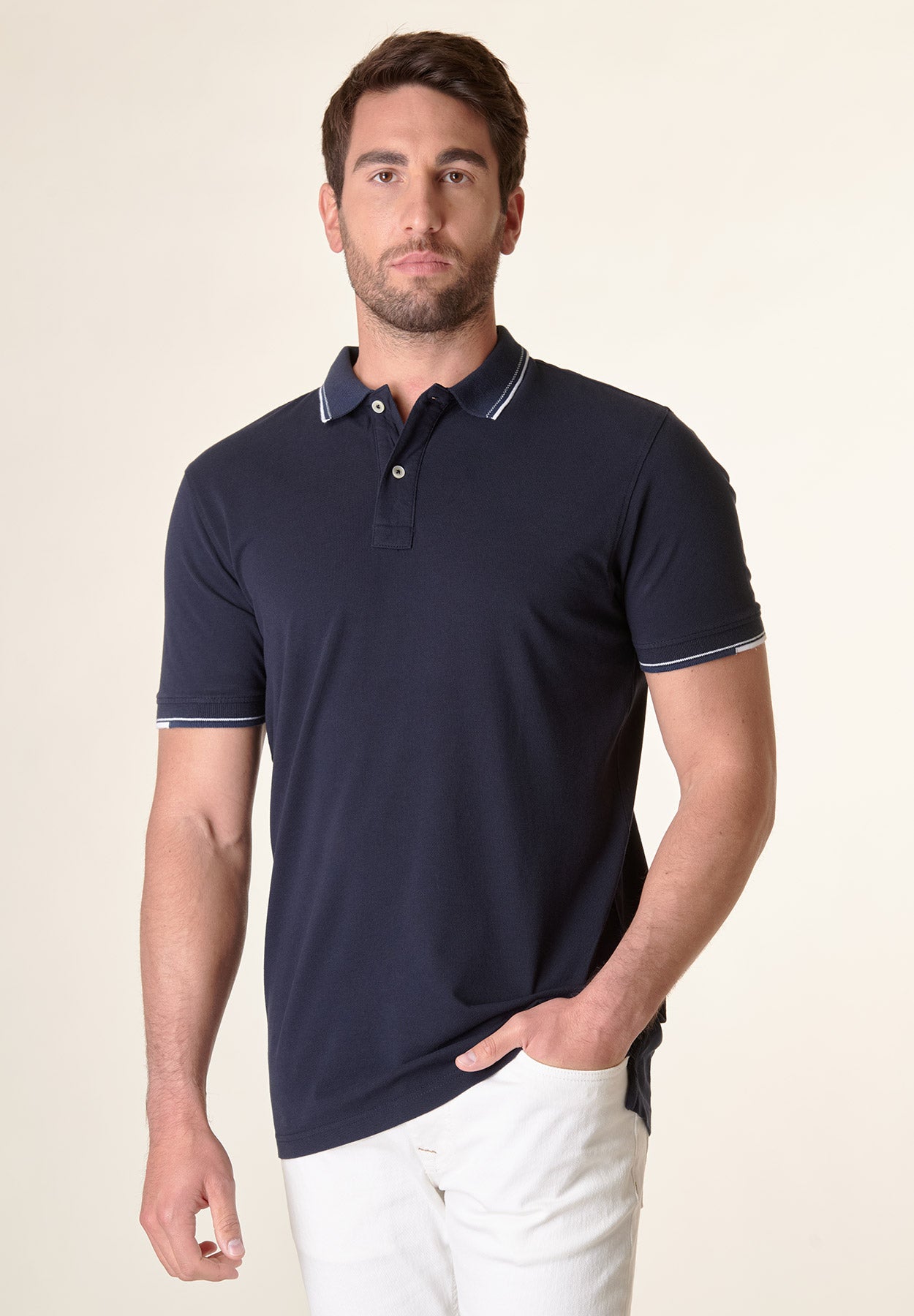 Blue cotton jacquard collar polo shirt
