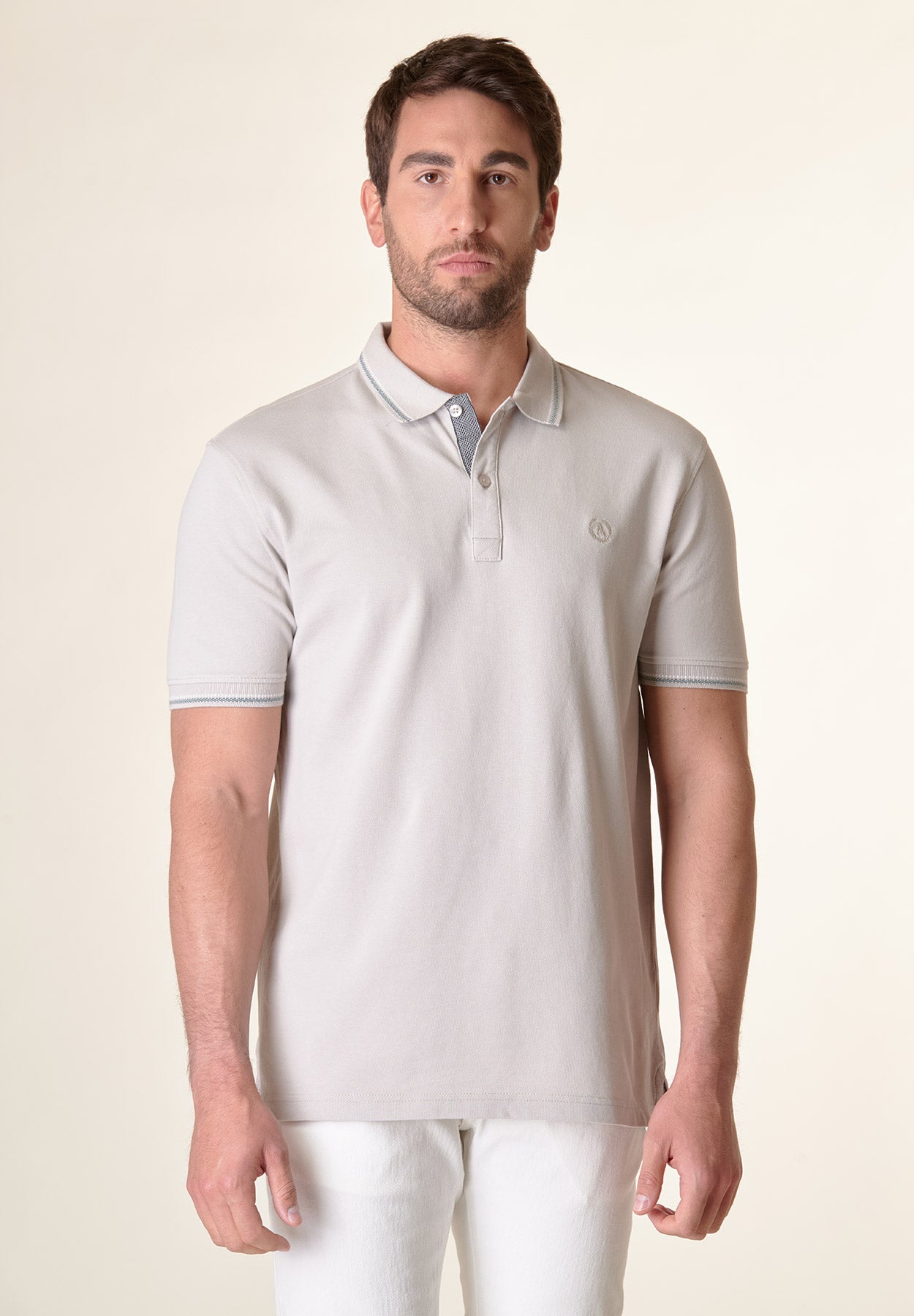 Dove gray cotton piqué polo shirt stripe detail
