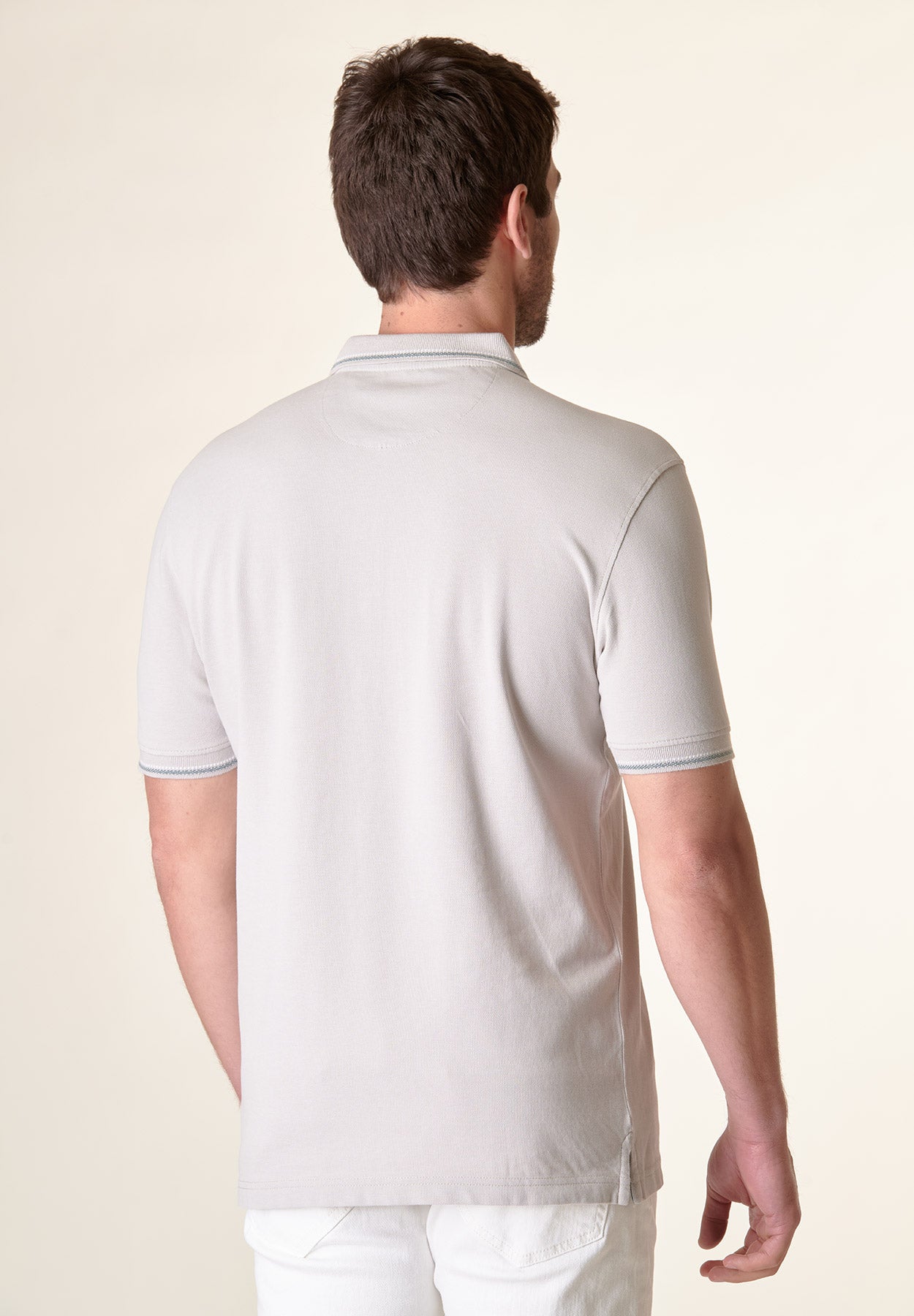 Dove gray cotton piqué polo shirt stripe detail