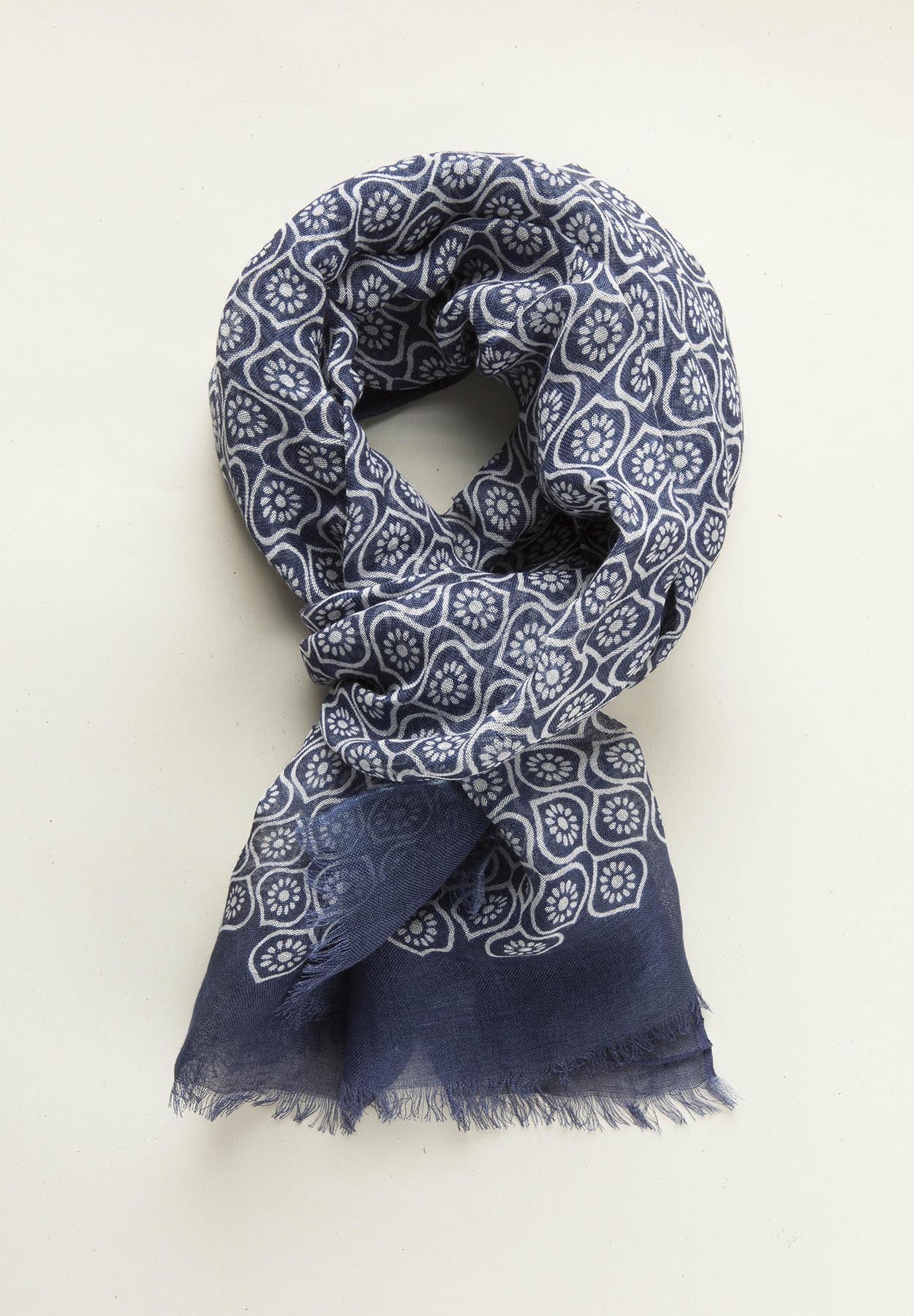 Navy blue scarf white pattern linen modal