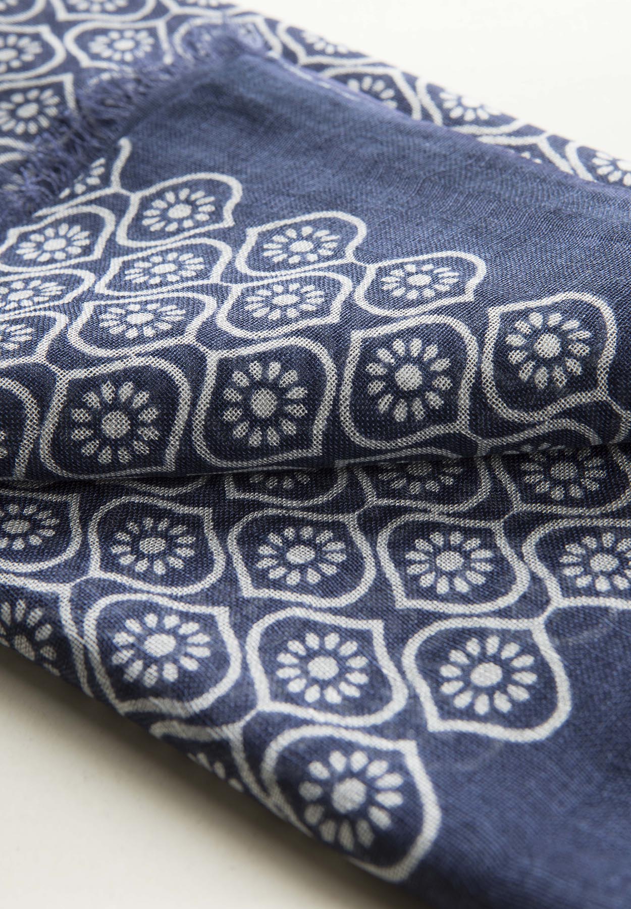 Navy blue scarf white pattern linen modal