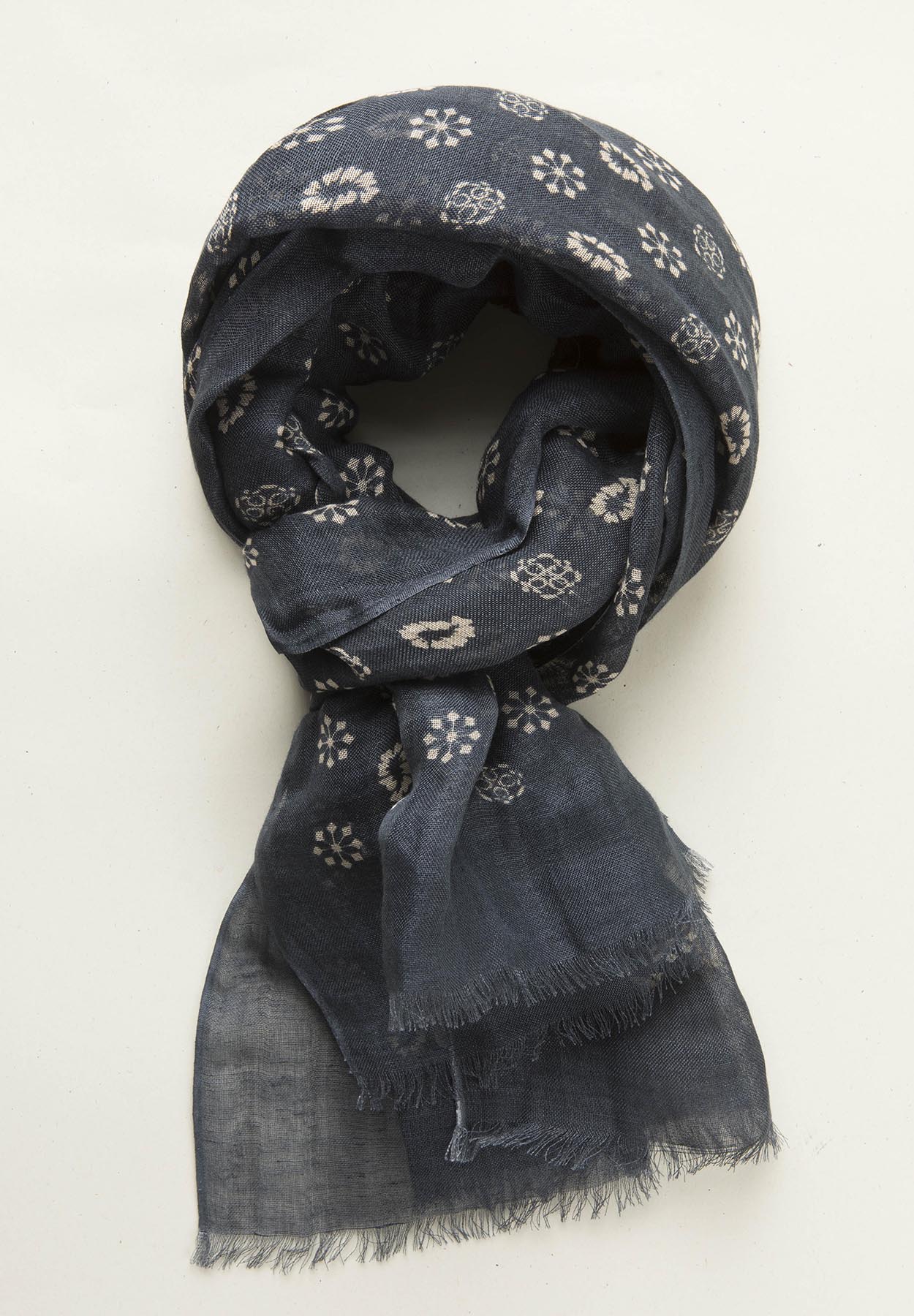 Dark blue scarf beige pattern linen modal